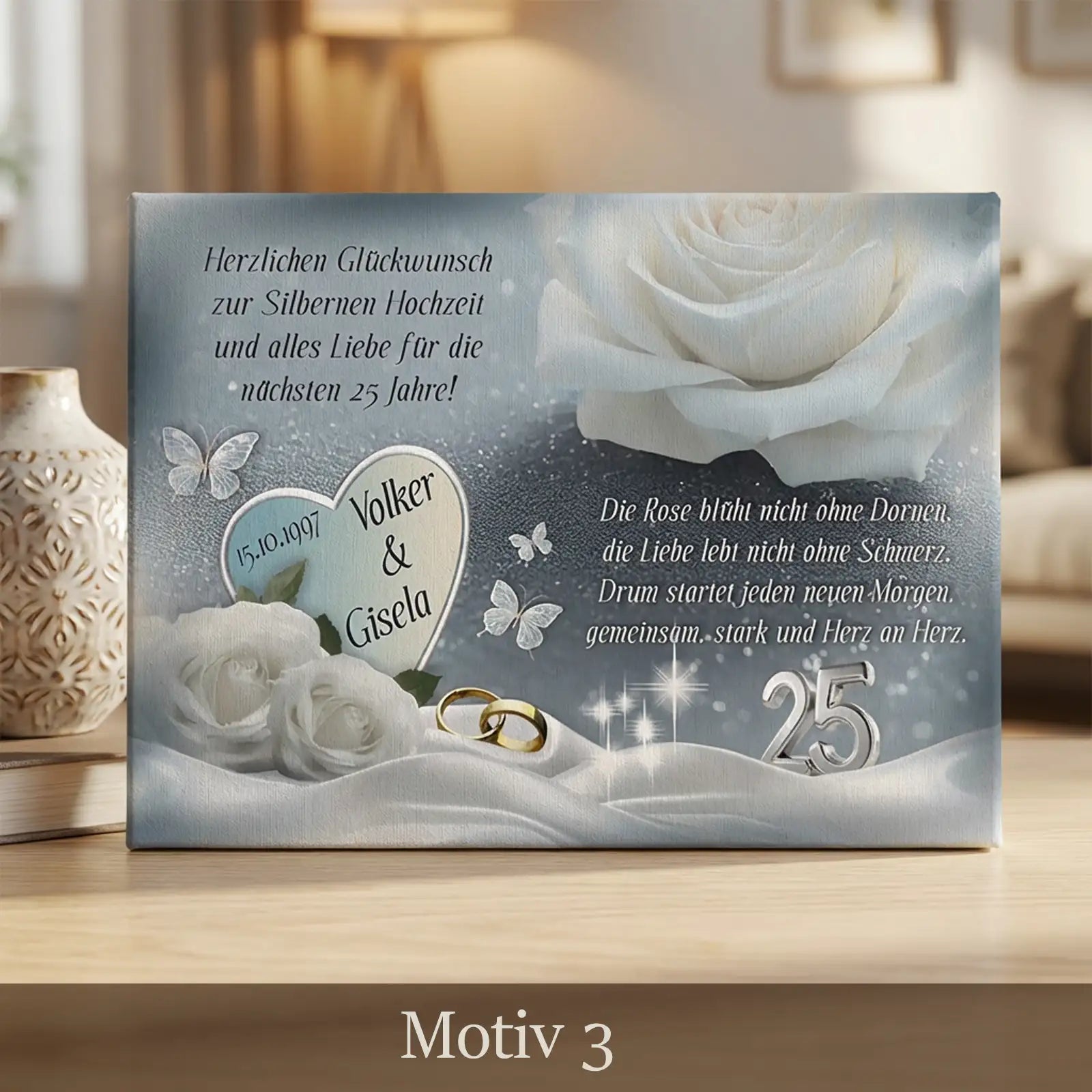 Personalisierte Leinwand zur Silbernen Hochzeit mit weißen Rosen, Namen des Paares, Datum, Glückwunschtext und goldenen Ringen als Symbol für 25 Ehejahre