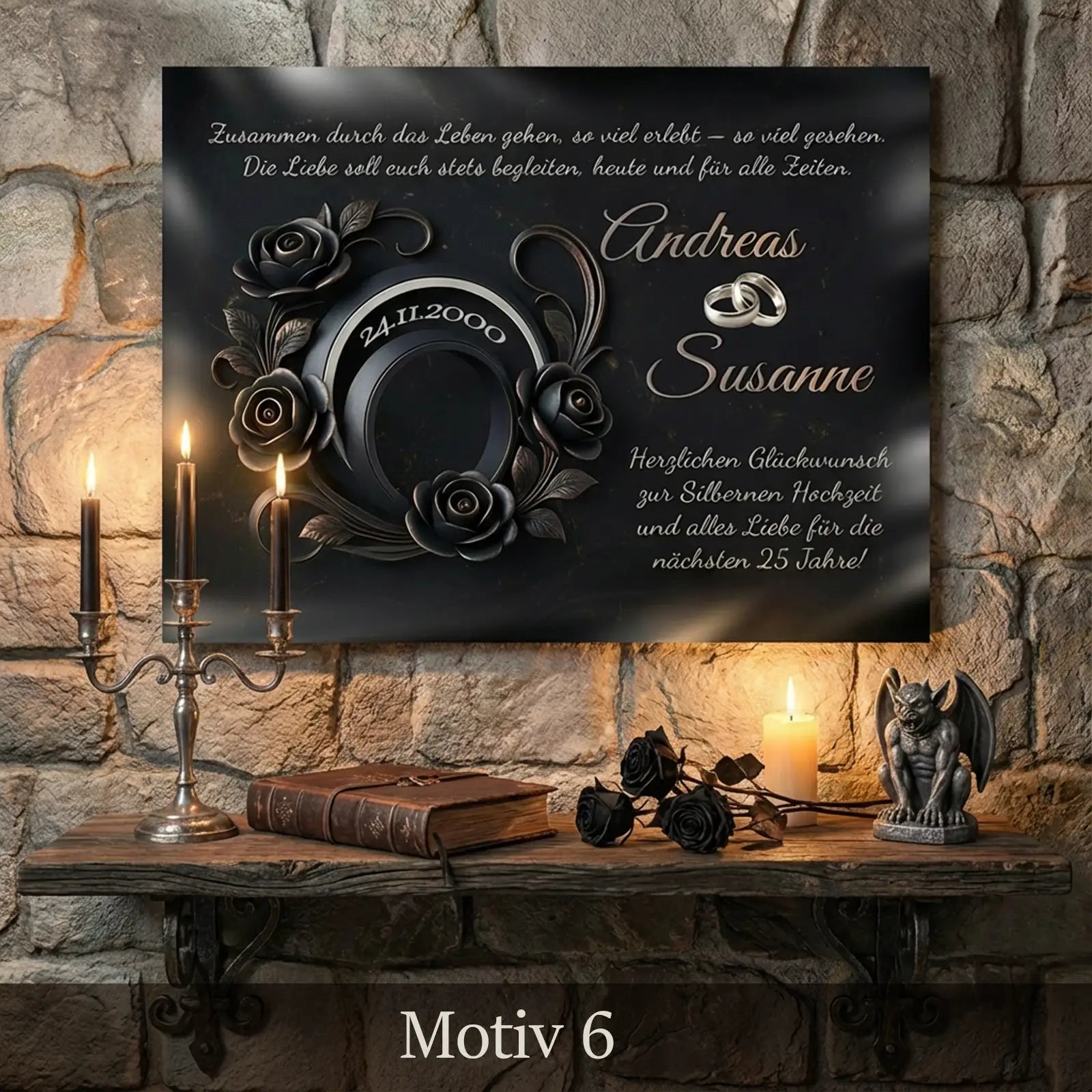 Dunkle Leinwand im Gothic Style zur Silberhochzeit mit schwarzen Rosen, Eheringen, Namen Andreas und Susanne, Datum und Glückwunschtext in elegantem Design