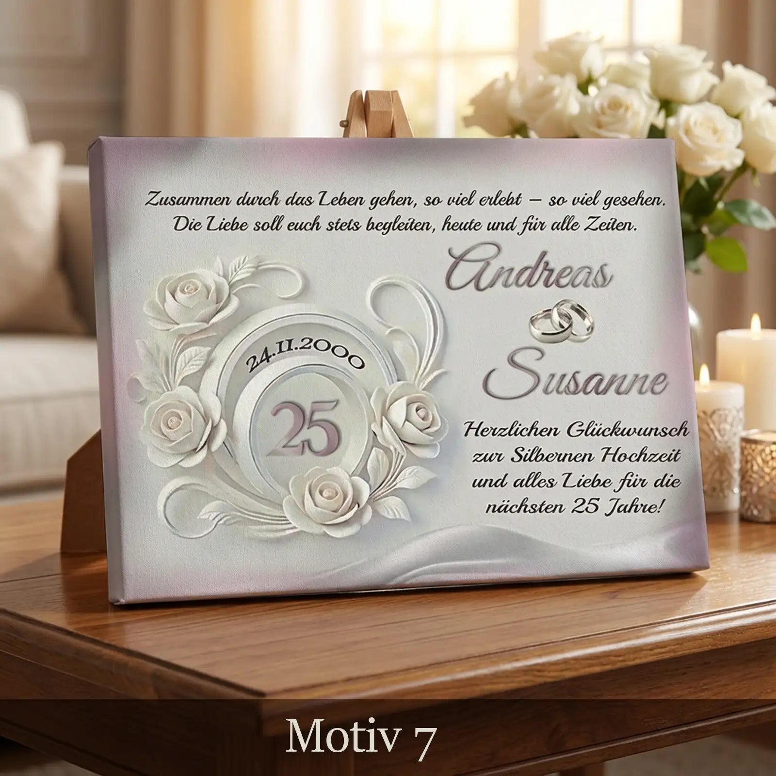Leinwand Silberhochzeit Motiv mit weißen Rosen, Eheringen und Schrift für 25 Jahre Ehejubiläum