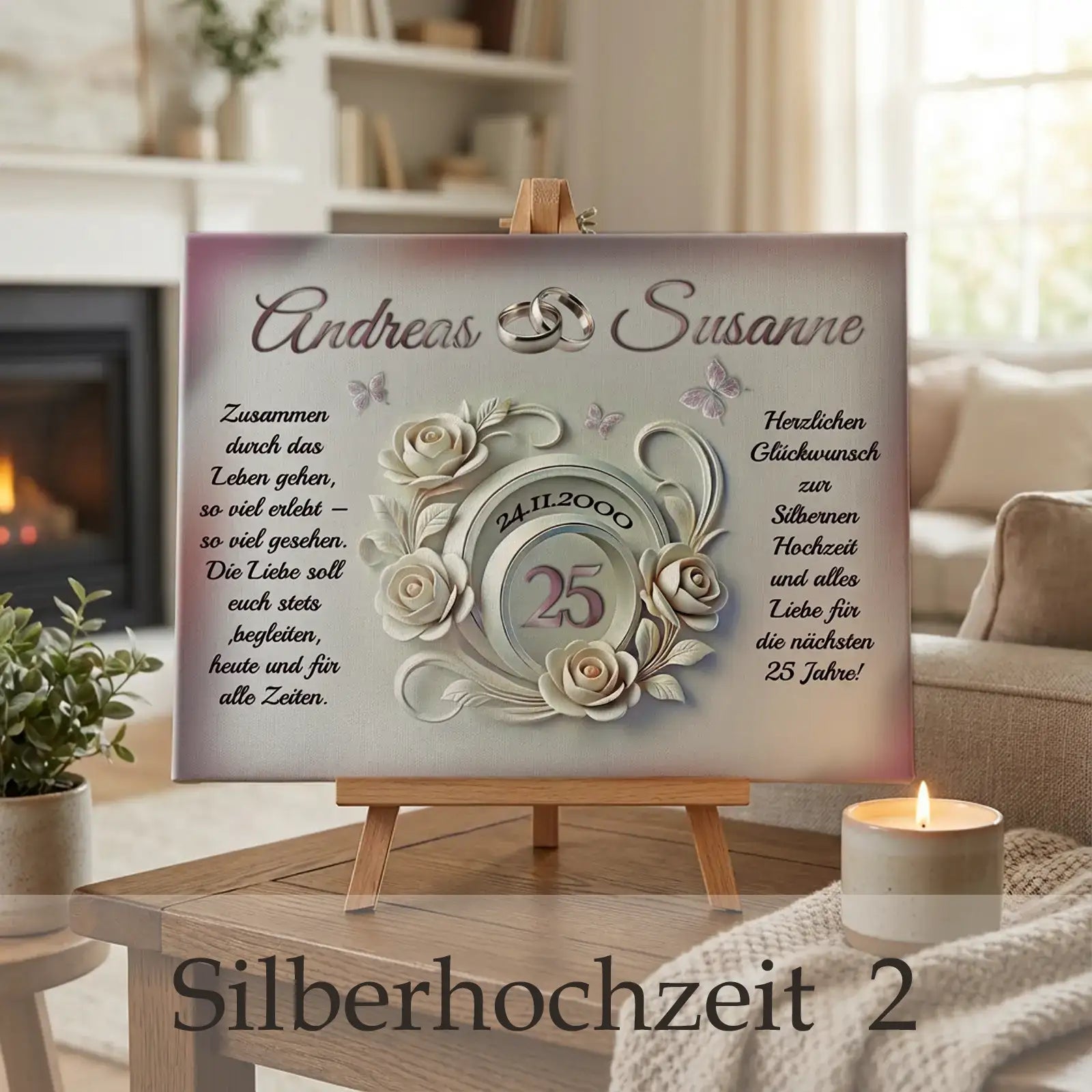 Leinwand zur Silberhochzeit mit weißen Rosen, Eheringen, Namen, Datum und Glückwünschen, Motiv 2