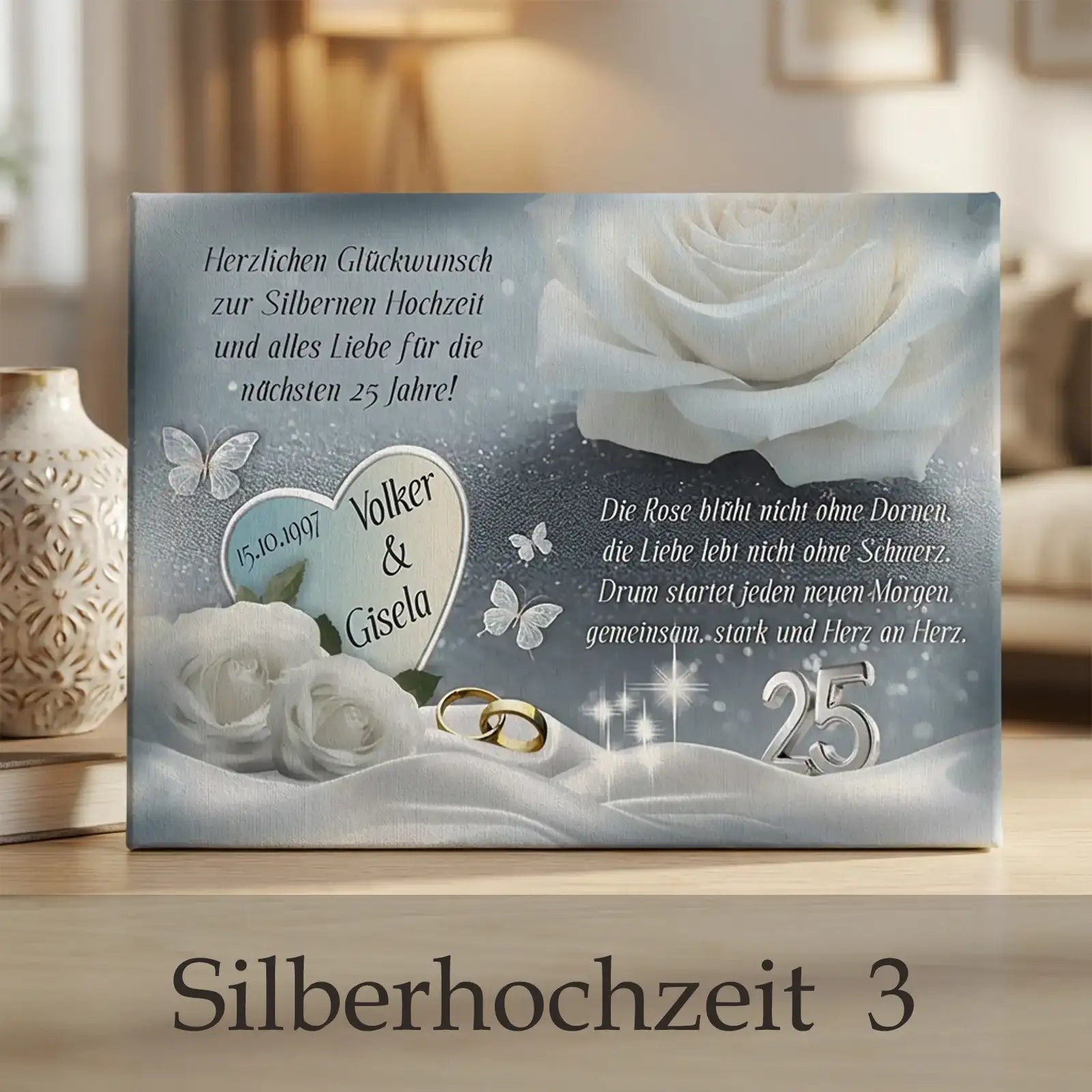 Personalisierte Leinwand zur Silbernen Hochzeit mit weißen Rosen, Namen des Paares, Datum, Glückwunschtext und goldenen Ringen als Symbol für 25 Ehejahre