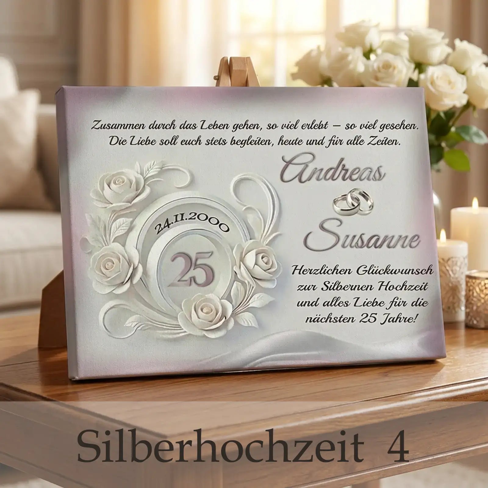 Leinwand Silberhochzeit Motiv mit weißen Rosen, Eheringen und Schrift für 25 Jahre Ehejubiläum