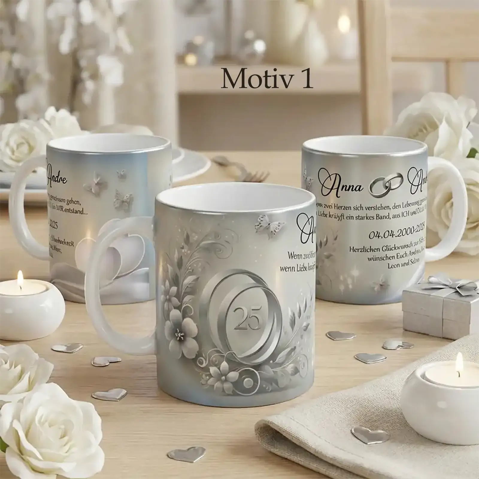 Drei Tassen mit Silberhochzeit Motiv, silberne Ringe, Blumen, Schmetterlinge und Schriftzug
