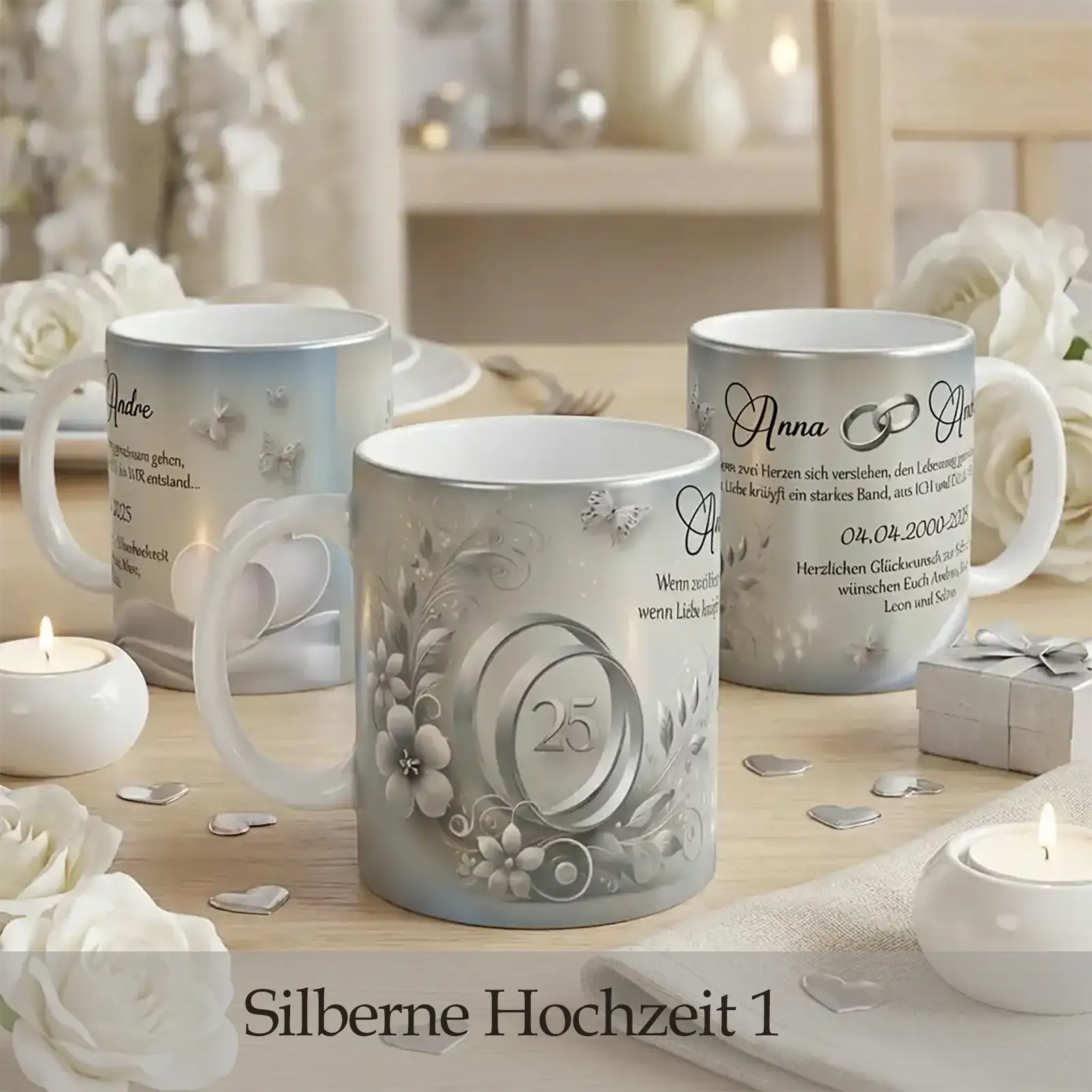 Drei Tassen mit Silberhochzeit Motiv, silberne Ringe, Blumen, Schmetterlinge und Schriftzug