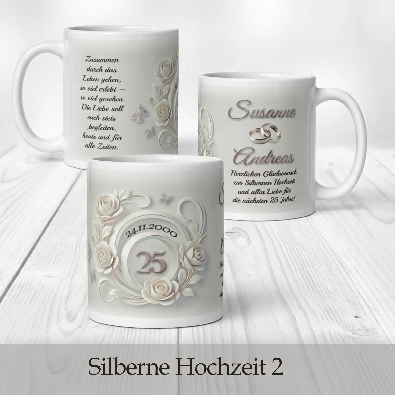 Motivtassen zur silbernen Hochzeit mit Rosenmuster, Datum, Namen und Glückwunschtext, im dezenten weißen look