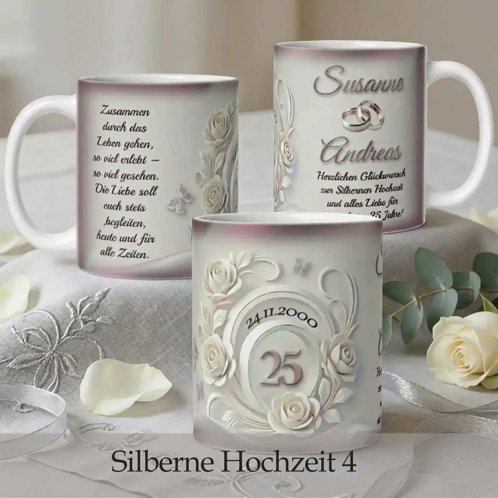 Tassen zur Silberhochzeit mit Rosen, Schriftzug 25 Jahre und Datum, Motiv 4, Geschenkidee zum Hochzeitstag. 