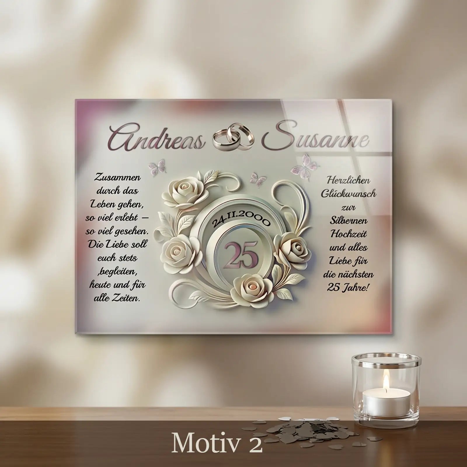Acrylglas zur Silberhochzeit mit verschlungenen Herzen, Namen des Ehepaares, Jubiläumszahl 25 und dekorativem Text