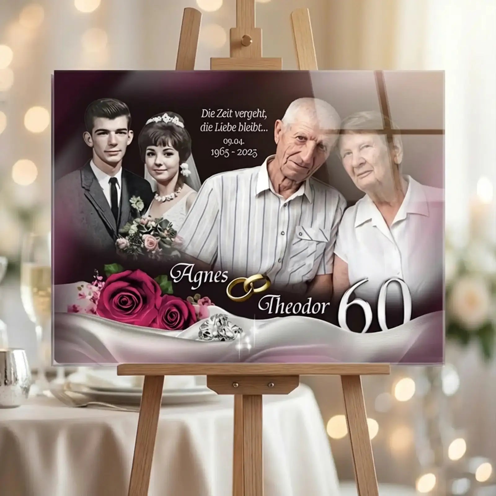 Personalisiertes Acrylglas zur Diamantenen Hochzeit mit Fotomontage eines Ehepaares von damals und heute, goldener Zahl 60, Namen Agnes und Theodor, Hochzeitsdatum, Rosenmotiv und Eheringen als Geschenk zum 60. Hochzeitstag