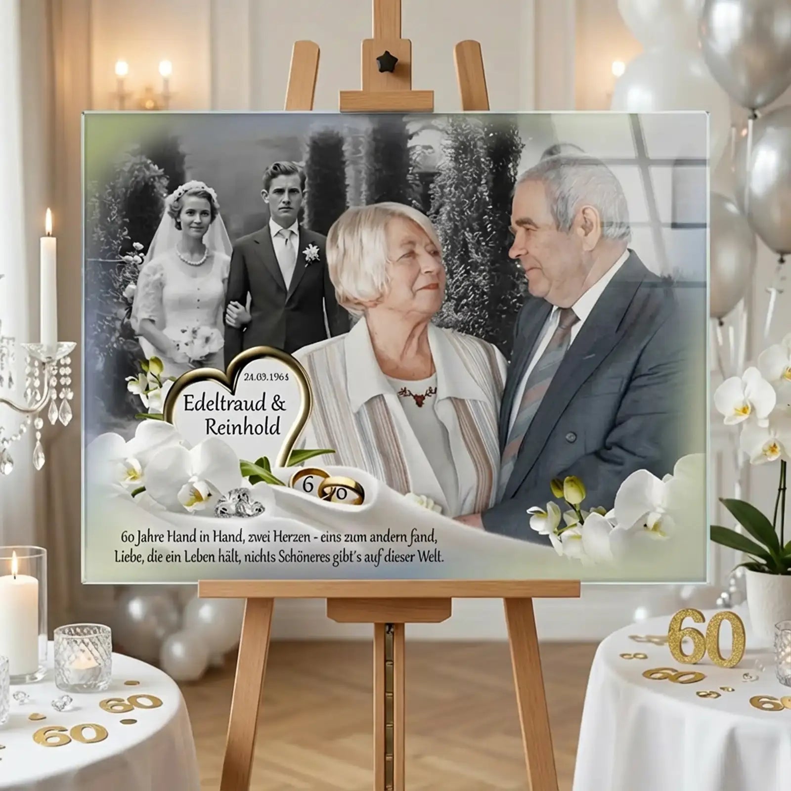 Personalisiertes Acrylglas zur Diamantenen Hochzeit mit Fotomontage eines Ehepaares von früher und heute, Namen Edeltraud und Reinhold, Hochzeitsdatum, goldener Zahl 60, floralen Elementen und Eheringen als Geschenk zum 60. Hochzeitstag