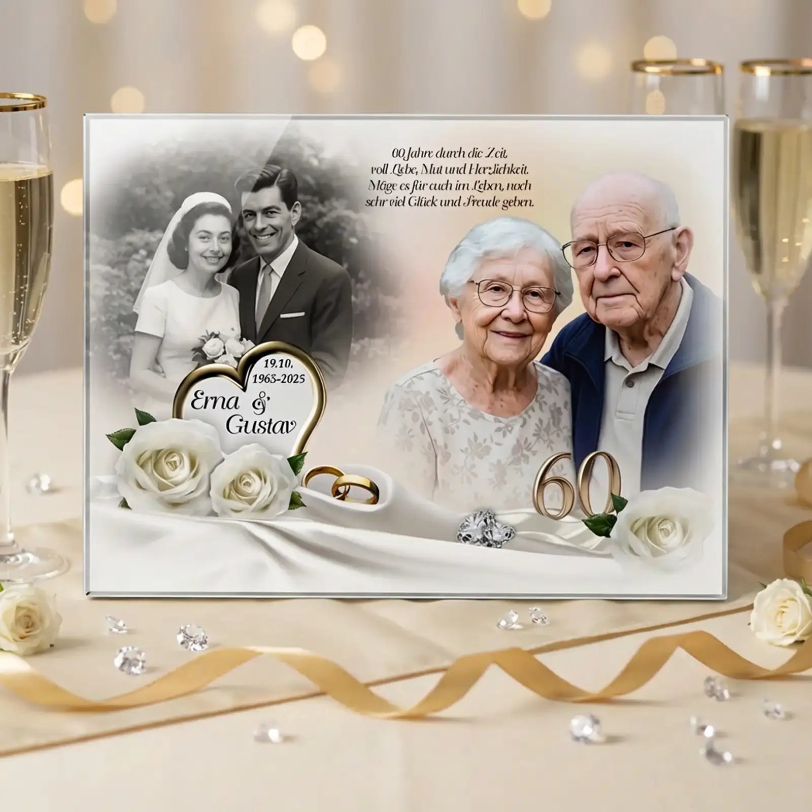Personalisiertes Acrylglas zur Diamantenen Hochzeit mit Fotomontage eines Ehepaares von früher und heute, Namen Erna und Gustav, Hochzeitsdatum, goldener Zahl 60, Rosen, Eheringen und festlicher Tischdekoration als Geschenk zum 60. Hochzeitstag