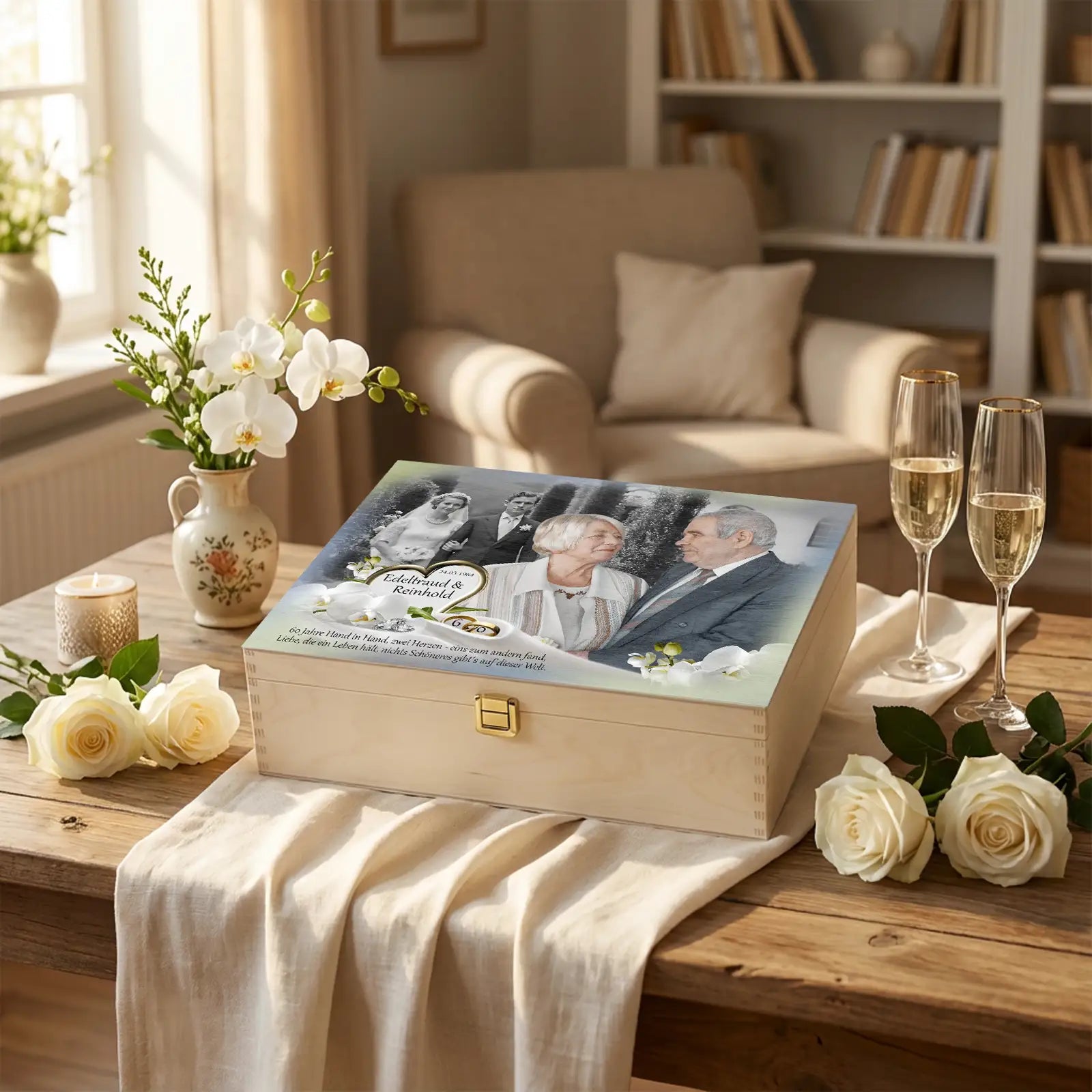 Personalisierte Holzbox zur Diamanthochzeit. Holzbox mit Fotos, Namen und Spruch