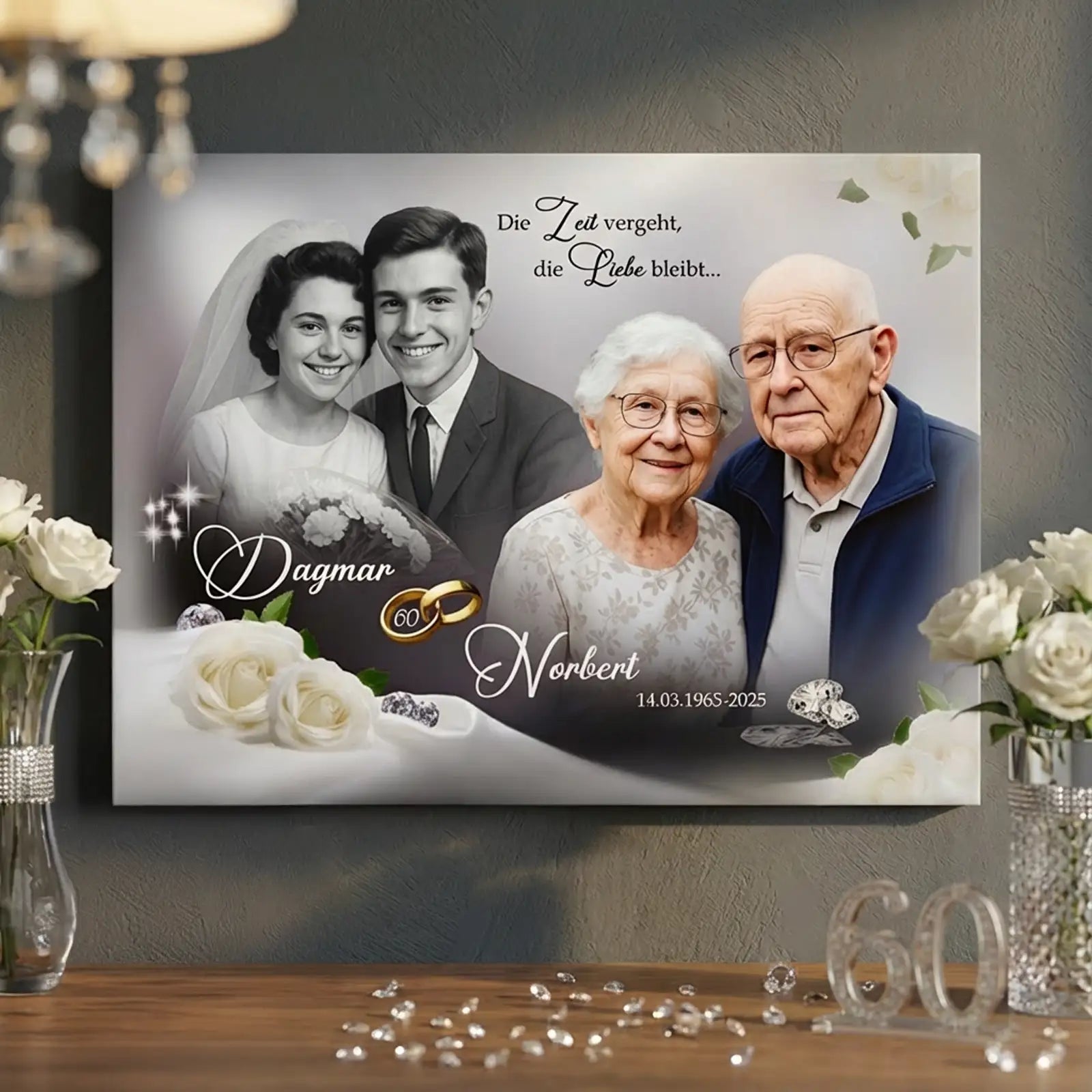 Personalisierte Leinwand zum 60. Hochzeitstag mit Paarfotos, Ringen und Rosen, Jubiläumsgeschenk