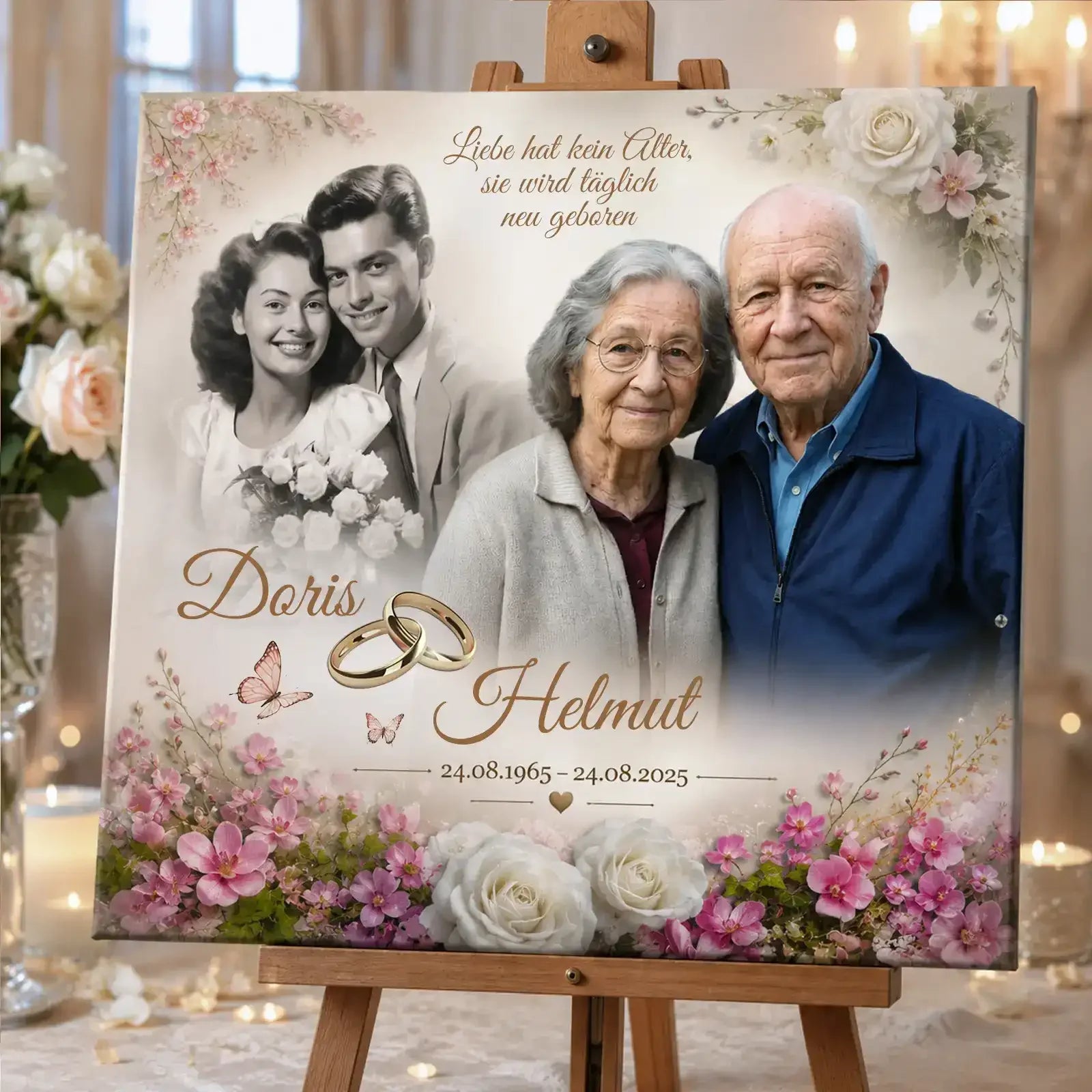 Geschenk zur Diamanthochzeit. Personalisiert mit Fotos von damals und heute, Namen, Datum und Spüchen. Individuelle Geschenkidee zum 60. Hochzeitstag.