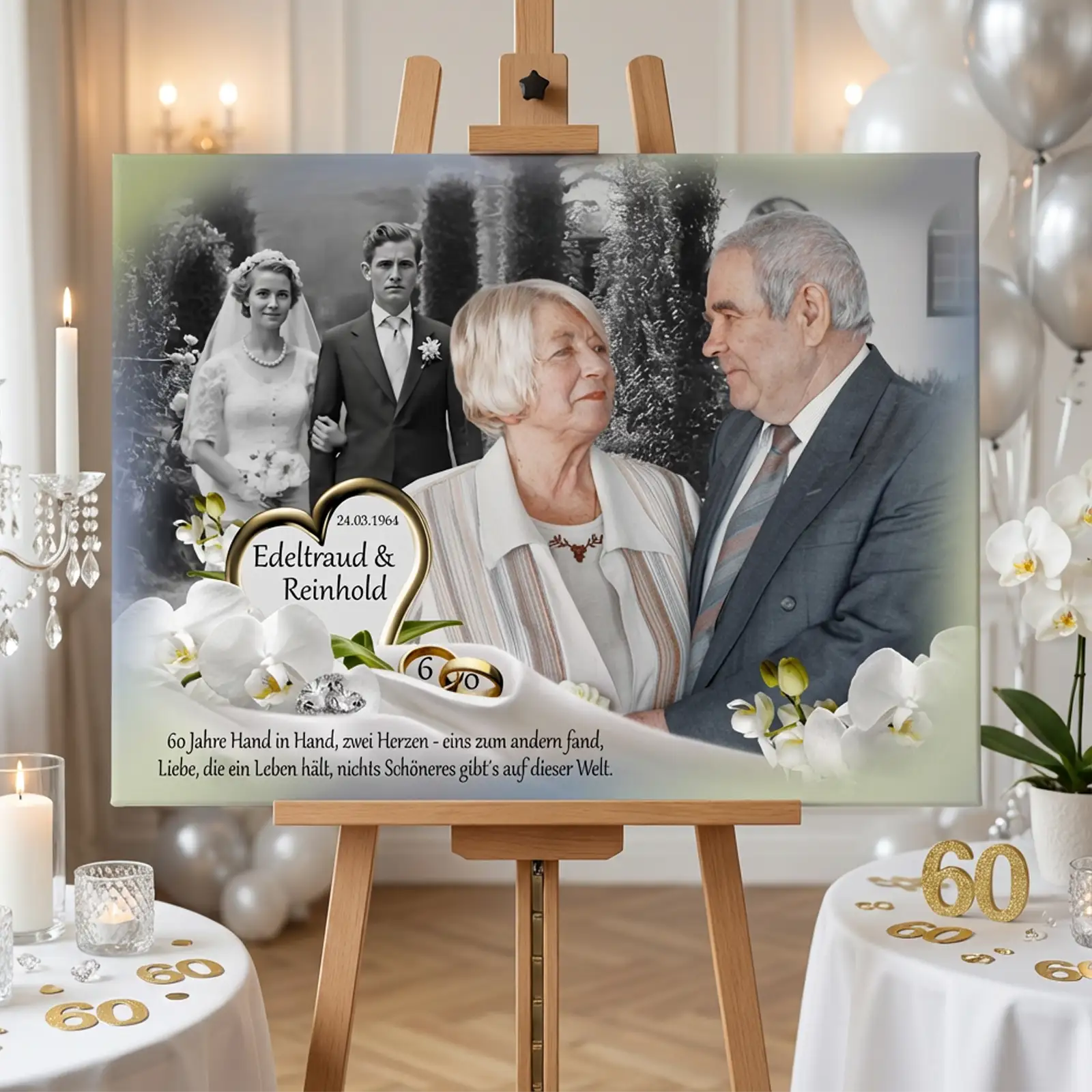 Personalisierte Leinwand zum 60. Hochzeitstag. Hochzeitsfoto im Hintergrund und aktuelles Foto im Vordergrund als Darstellung von Damals und Heute