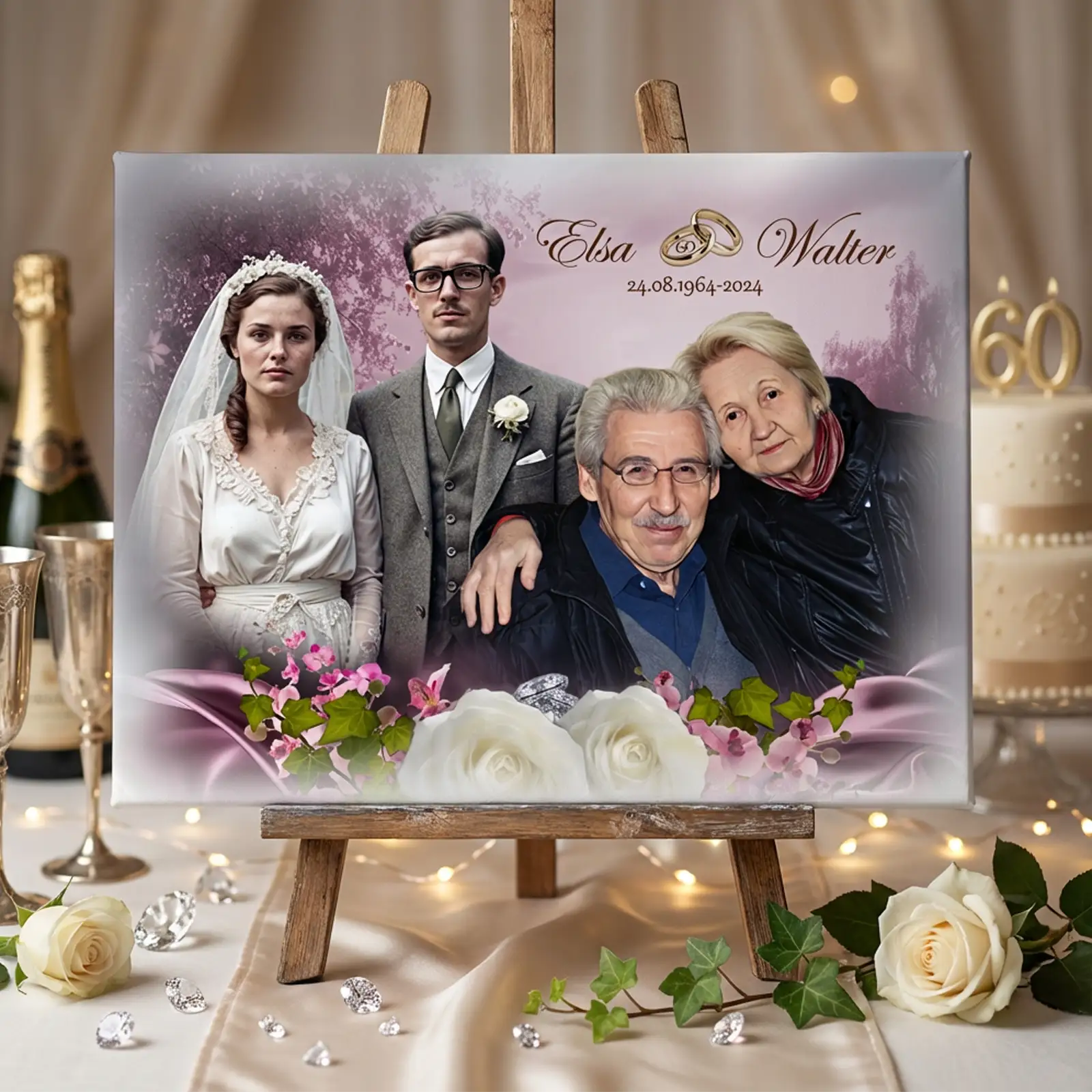 Diamanthochzeitbild auf Leinwand - Mockup mit einem aktuellen Foto des Paares und einem alten Hochzeitsfoto im Hintergrund