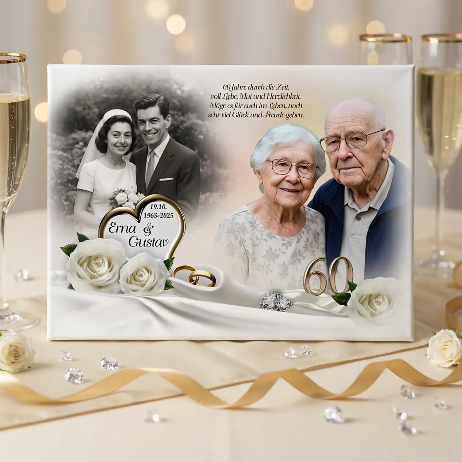 Porträt älteres Ehepaar zur Diamantenen Hochzeit, Hochzeitsbild, goldene 60, weiße Rosen, Ringe