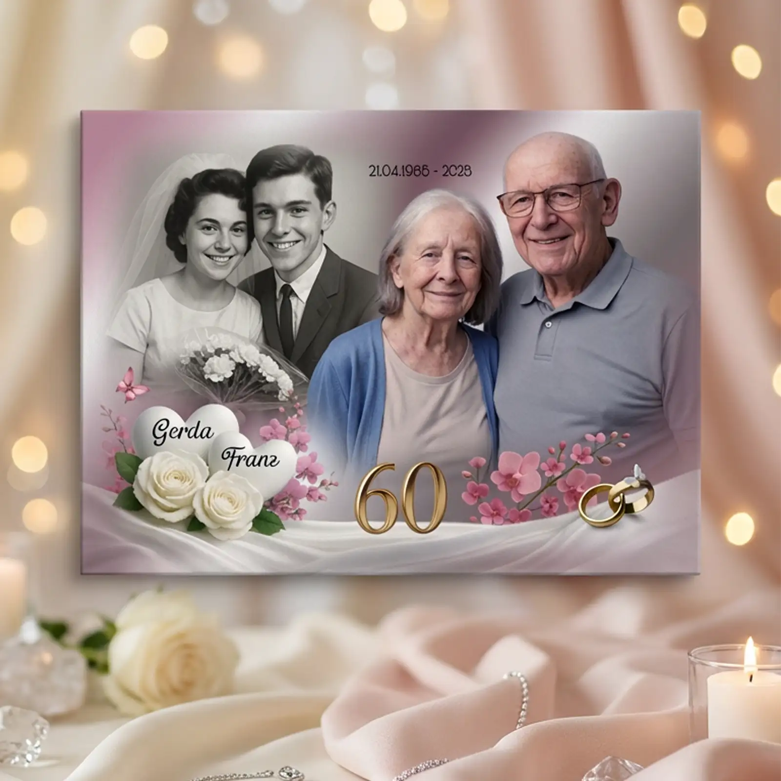 Diamanthochzeitbild auf Leinwand - Mockup mit einem aktuellen Foto des Paares und einem alten Hochzeitsfoto im Hintergrund