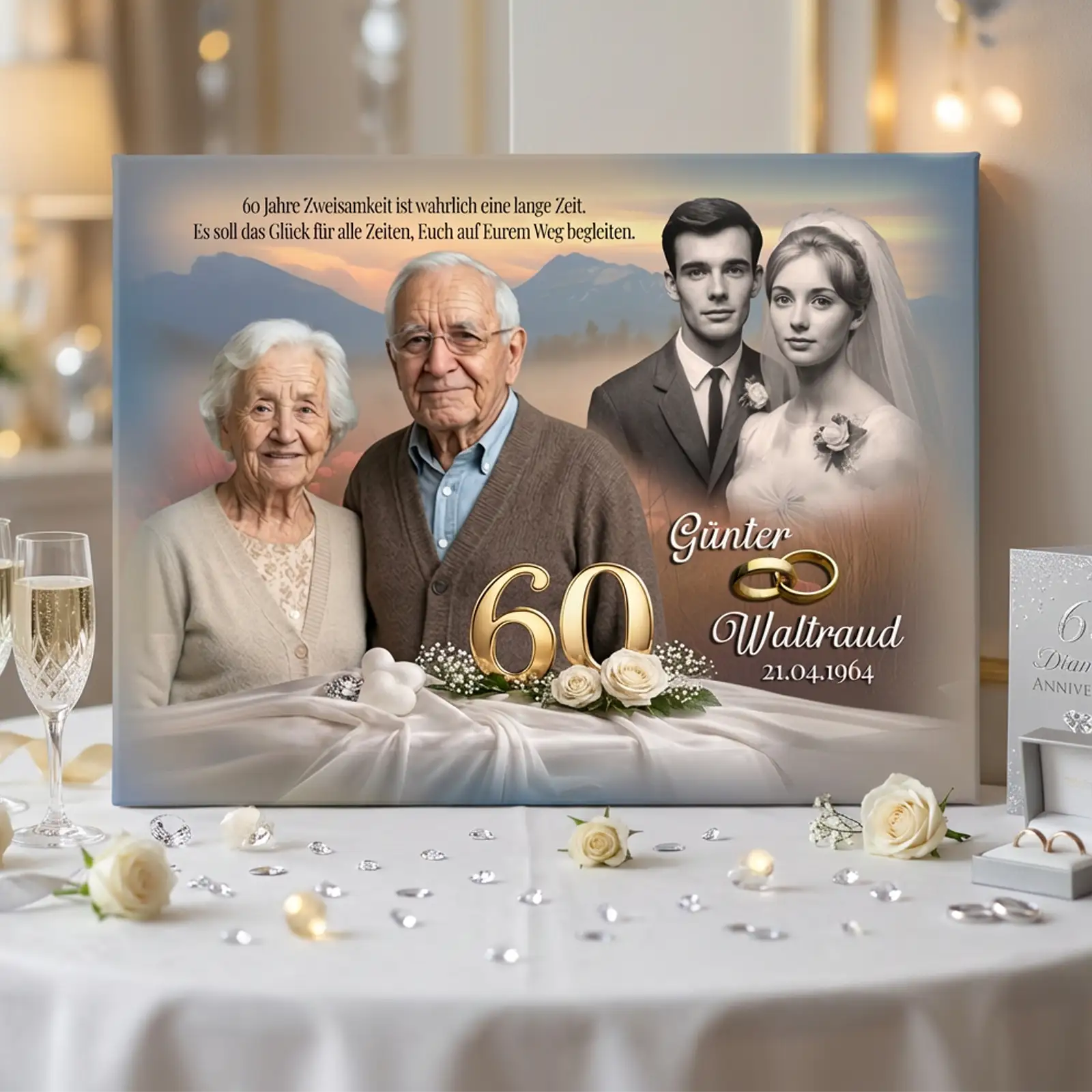 Älteres Ehepaar und Hochzeitsfoto zur Diamantenen Hochzeit, 60 Jahre verheiratet, Jubiläum, Günter und Waltraud, 21.04.1964, goldene Ringe, festliche Deko.