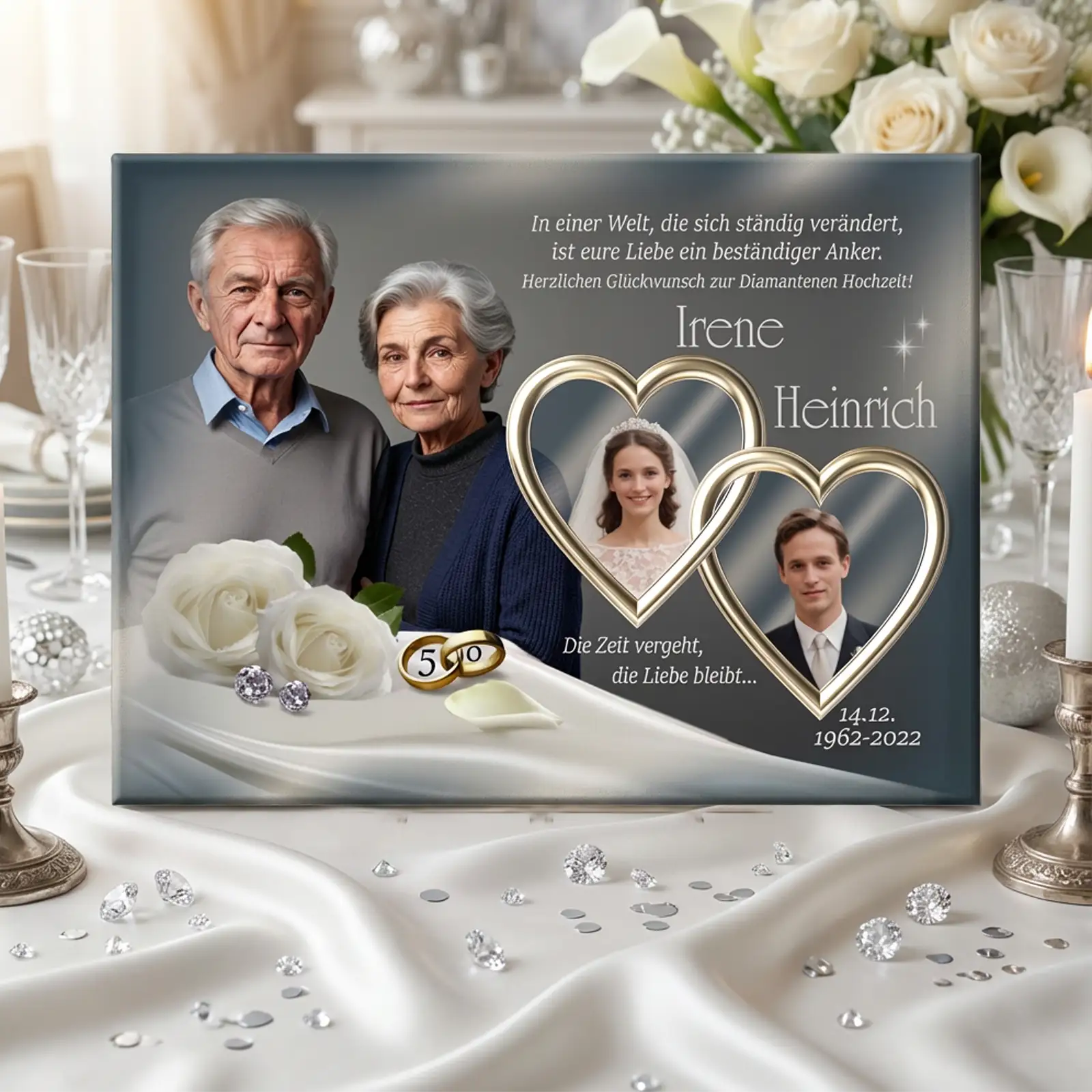 Diamanthochzeitbild auf Leinwand - Mockup mit einem aktuellen Foto des Paares und jeweils ein Portrait in einem goldenen Herzen