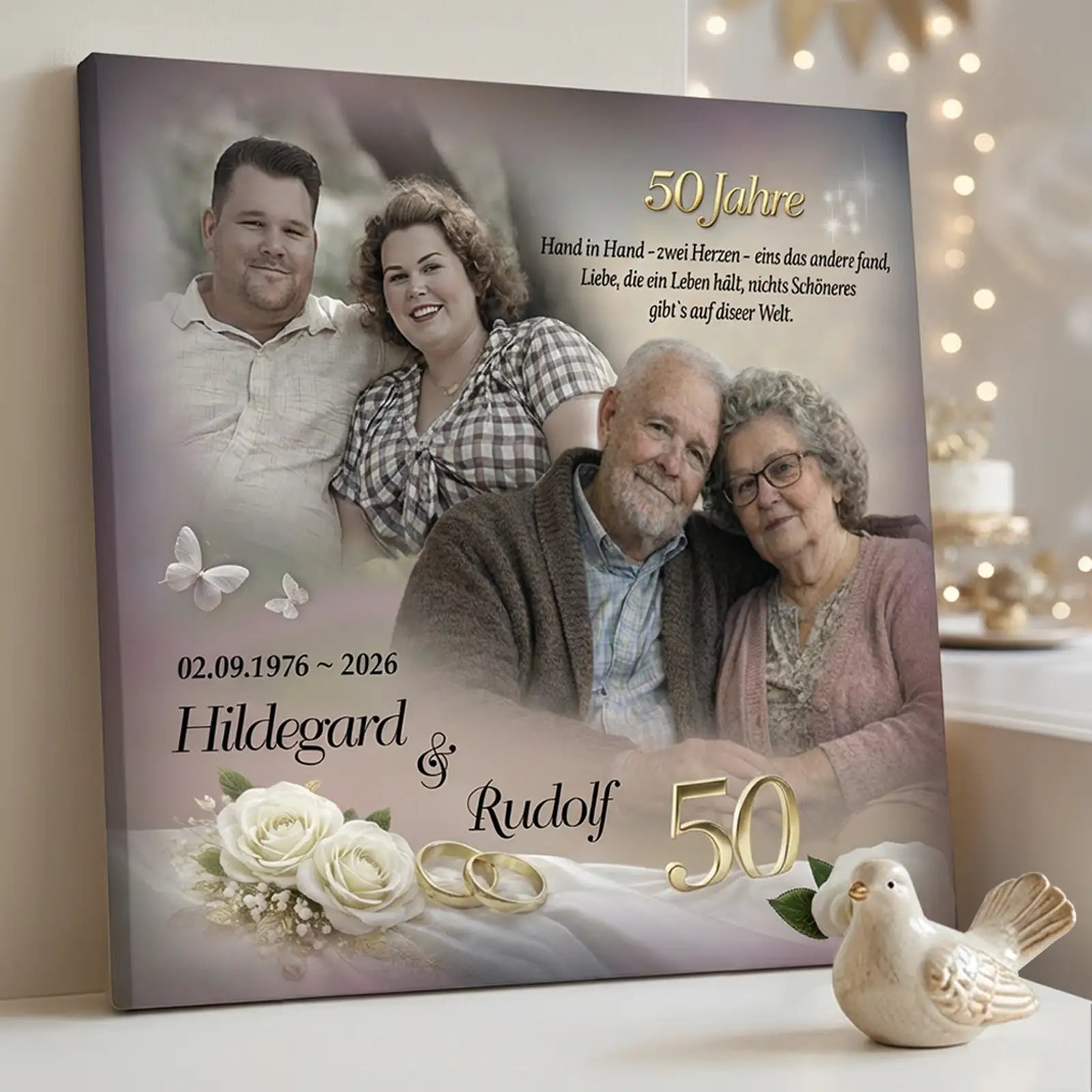 Leinwand zur Goldenen Hochzeit mit Foto von Hildegard und Rudolf, 50 Jahre, personalisierte Geschenkidee.