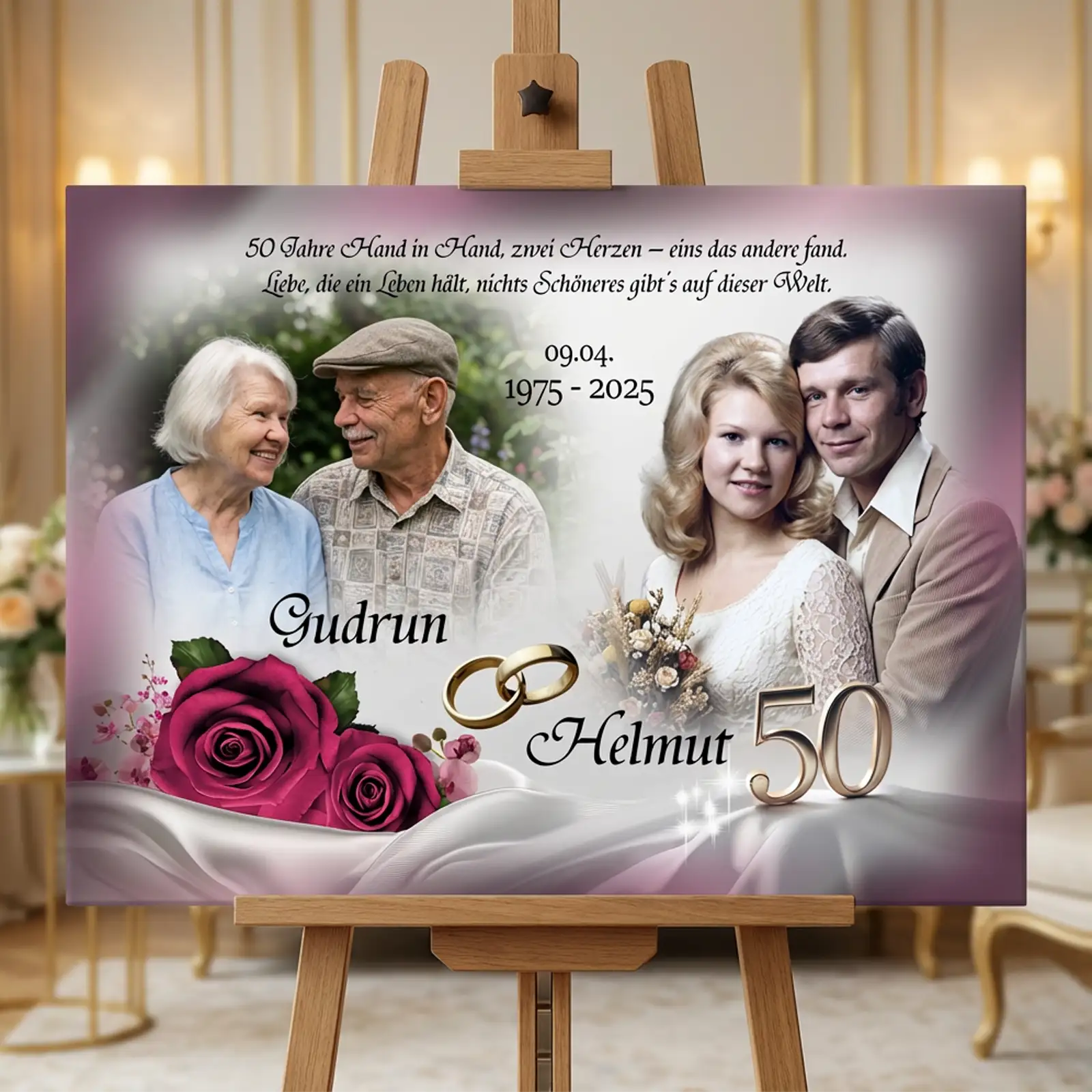 Fotoleinwand zur Goldhochzeit individuell gestaltet für Paare die 50 gemeinsame Jahre feiern. Die Leinwand vereint Fotos von damals und heute und bietet eine stilvolle Möglichkeit die Liebe und Verbundenheit sichtbar zu machen. Ein besonderes Geschenk das lange Freude bereitet und einen Ehrenplatz im Zuhause einnimmt.