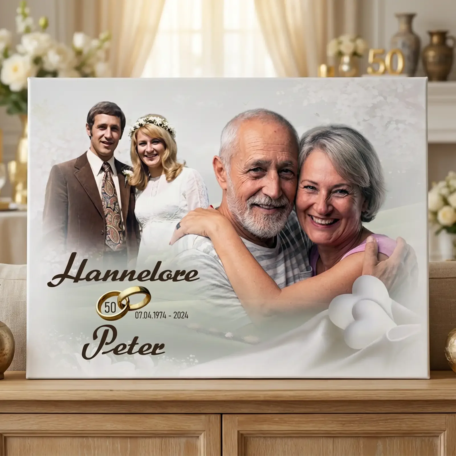 Personalisierte Fotoleinwand zum 50 Hochzeitstag gestaltet mit zwei Fotos und persönlichem Jubiläumsdatum. Diese Leinwand ist ein kreatives Geschenk zur Goldenen Hochzeit und macht die Erinnerungen eines Ehepaares sichtbar. Ideal für Kinder oder Enkel die ein emotionales und langlebiges Präsent überreichen wollen.