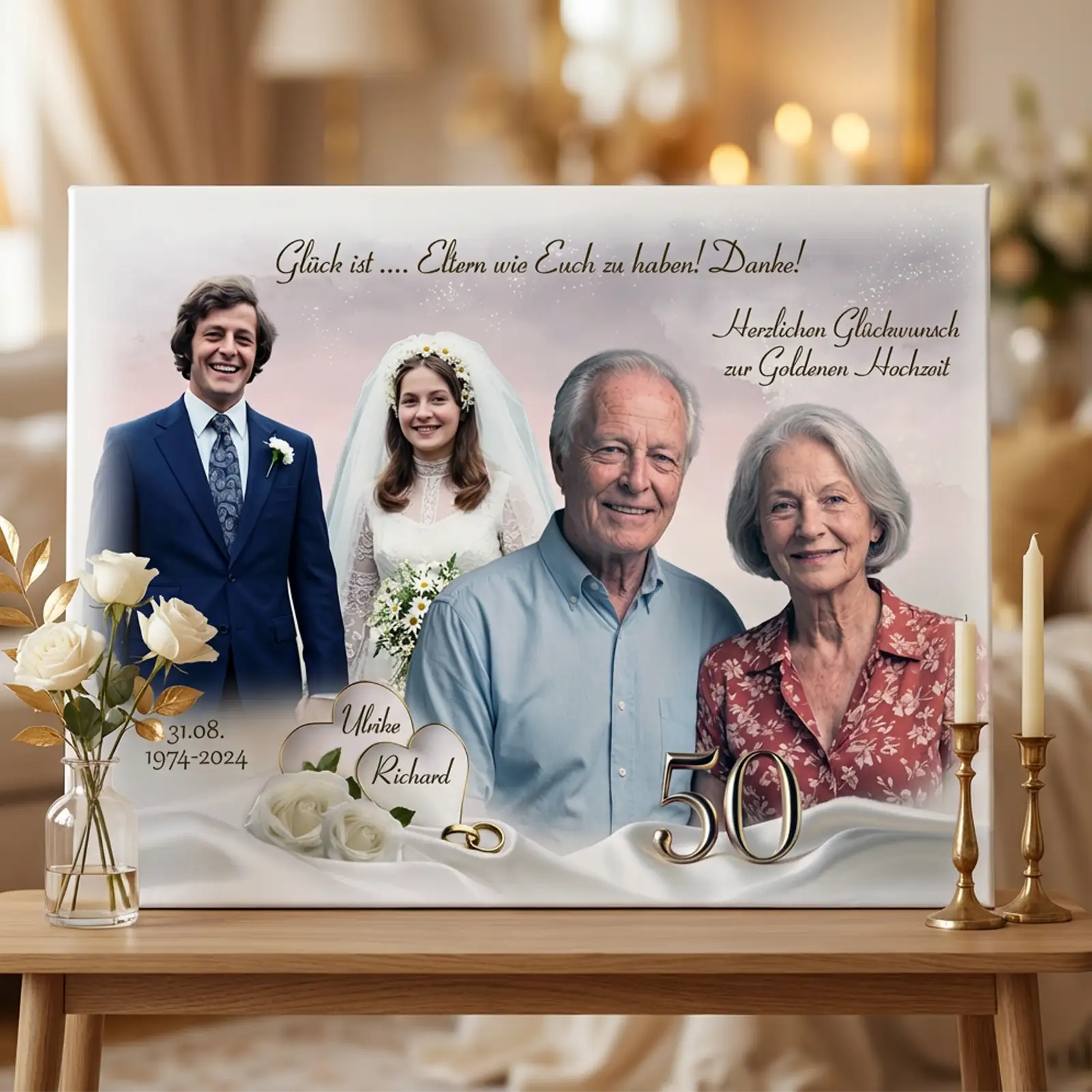 Geschenk zur Goldenen Hochzeit - Leinwandcollage mit Foto von Familie und persönlichen Glückwünschen.