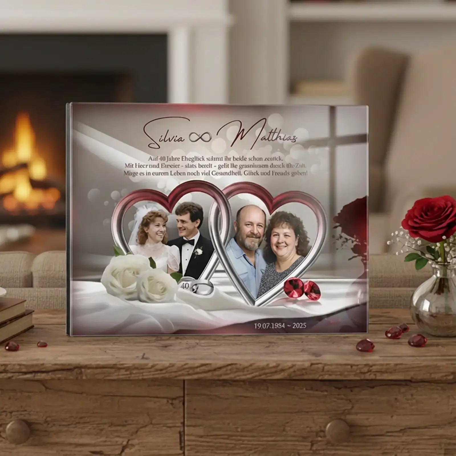 Acrylglas - personalisiertes Geschenk zur Rubinhochzeit mit Herzen, Blumen und Fotos von Silvia und Matthias.