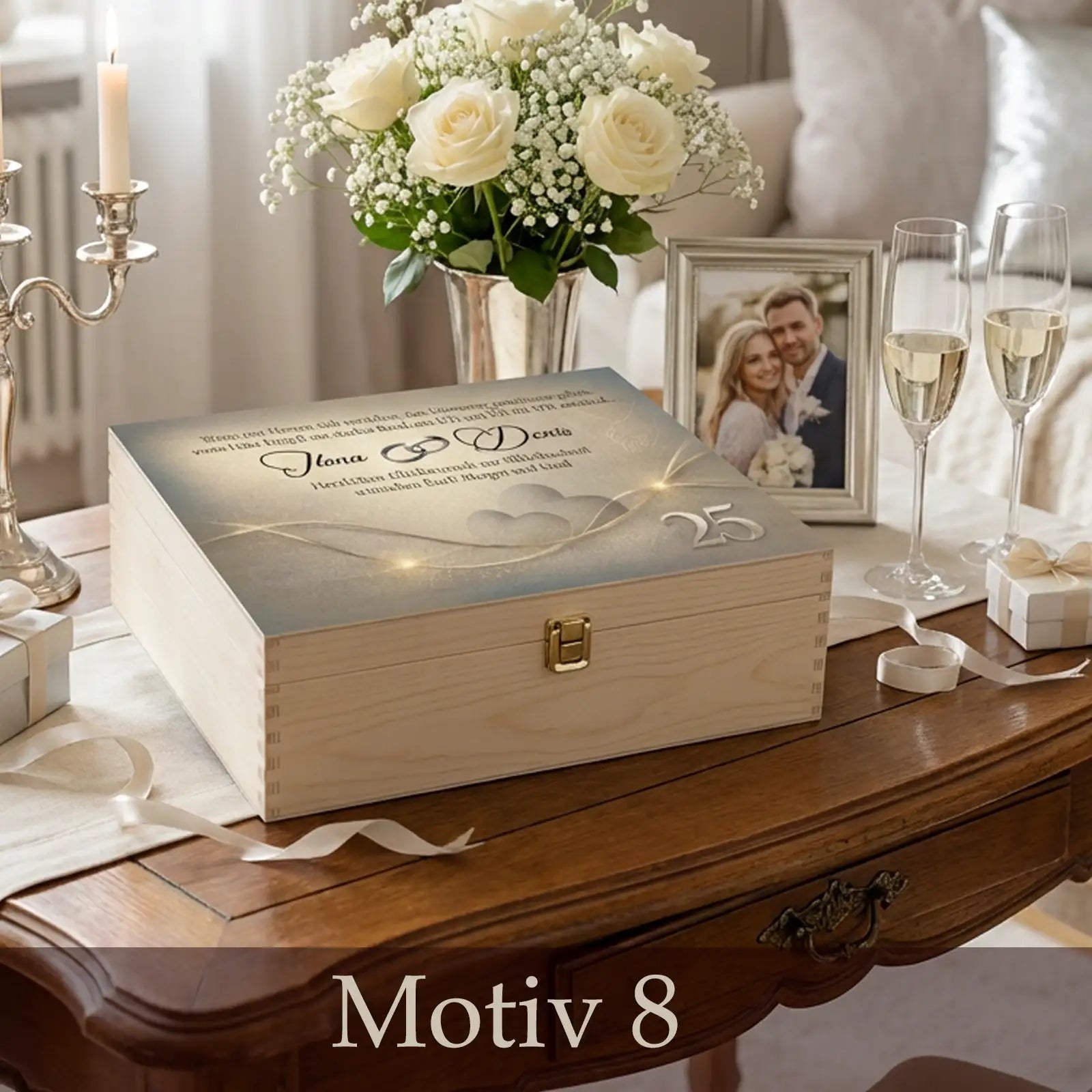 Edle Holzbox mit Motiv zur Silbernen Hochzeit – Persönliche Erinnerungen stilvoll bewahren