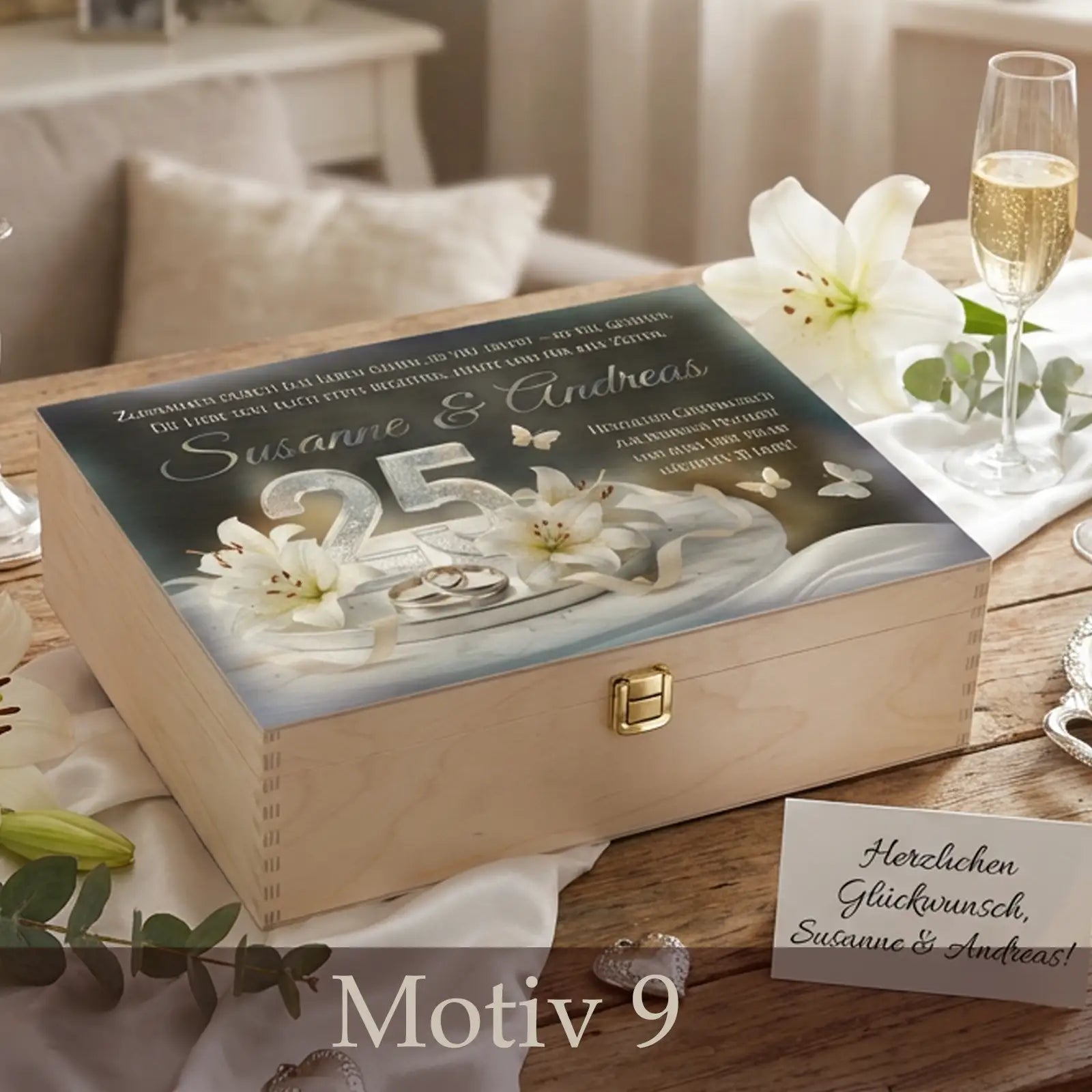 Edle Holzbox mit Motiv zur Silbernen Hochzeit – Persönliche Erinnerungen stilvoll bewahren