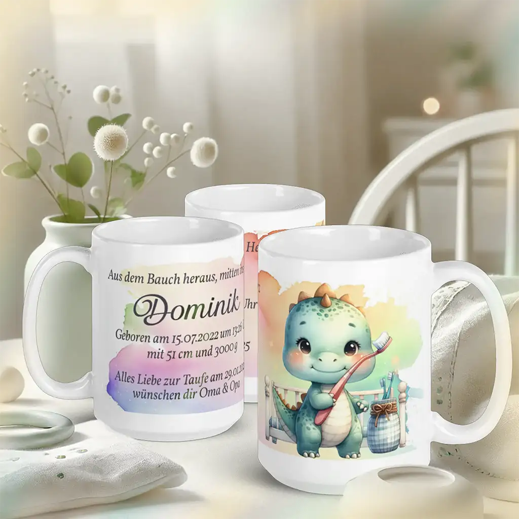 Personalisierte Tasse mit niedlichem Dino-Motiv, Name Dominik, Geburtsdaten, Taufgeschenk