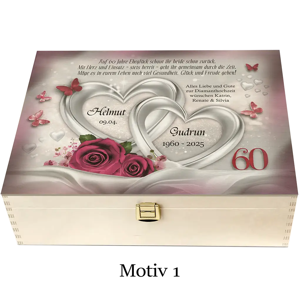 Holzbox zur Diamanthochzeit mit Herzmotiv, roten Rosen, Schmetterlingen und Zahl 60