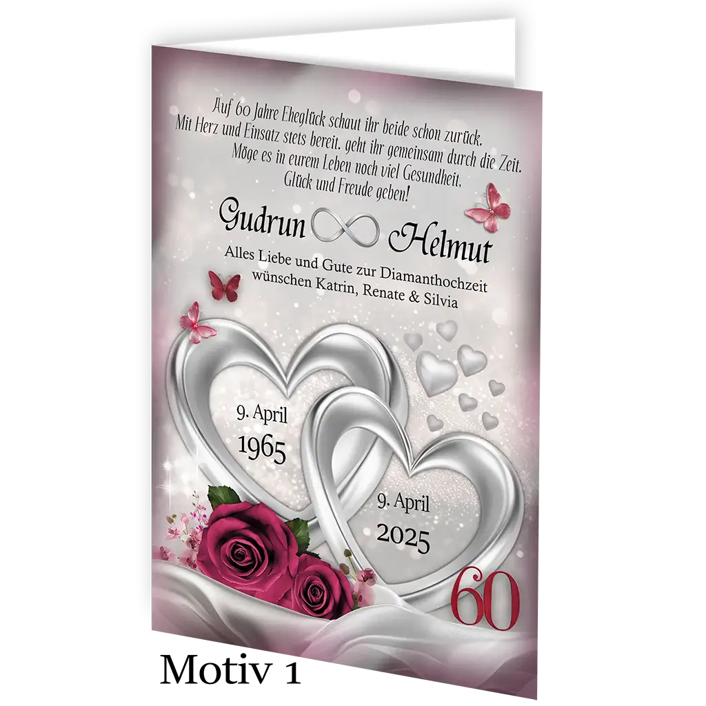 Diamanthochzeit Karte mit silbernen Herzen, roten Rosen und Schmetterlingen, Text und Datum