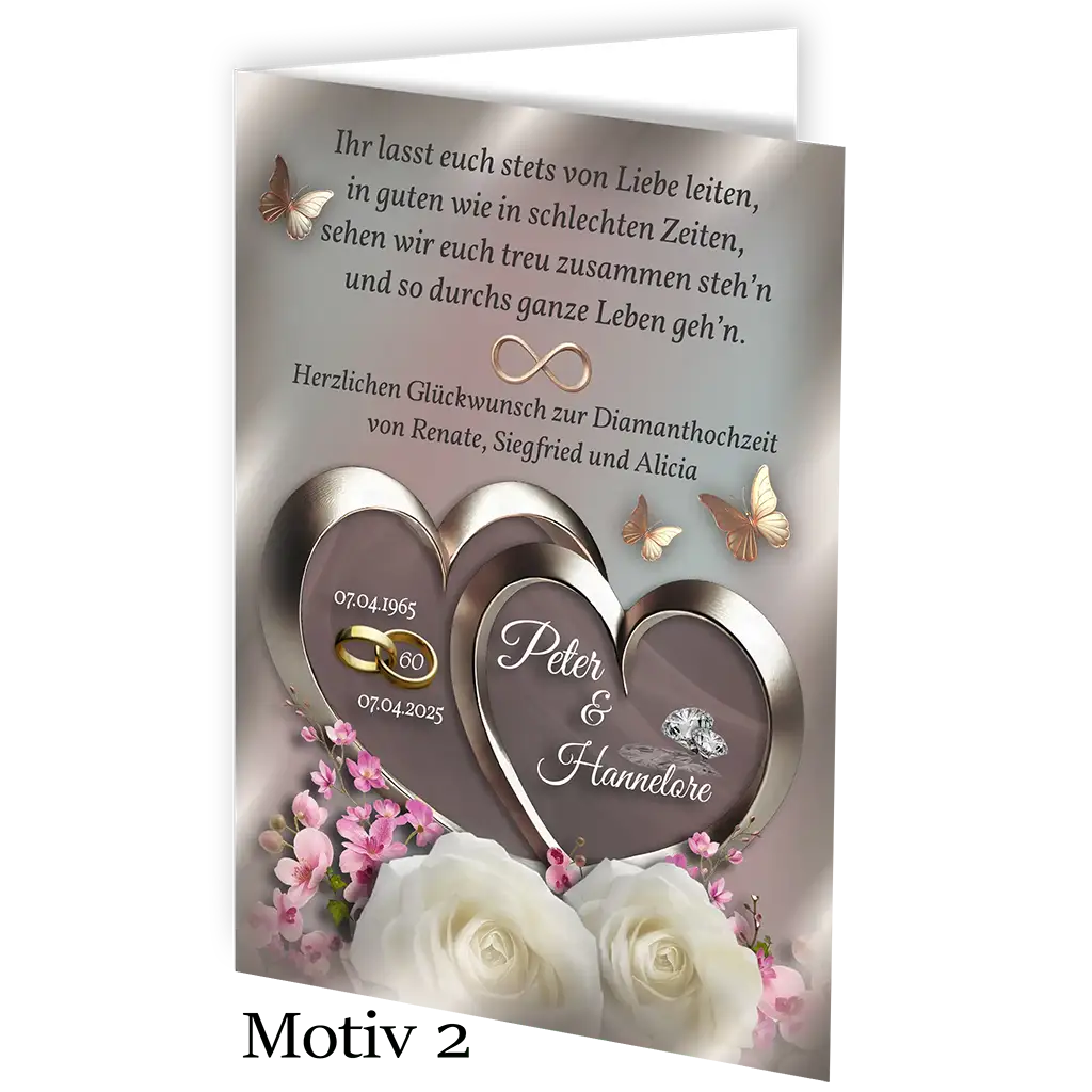 Elegante Diamanthochzeit Karte mit silbernen Herzen, Blumen, Schmetterlingen und Ringen.