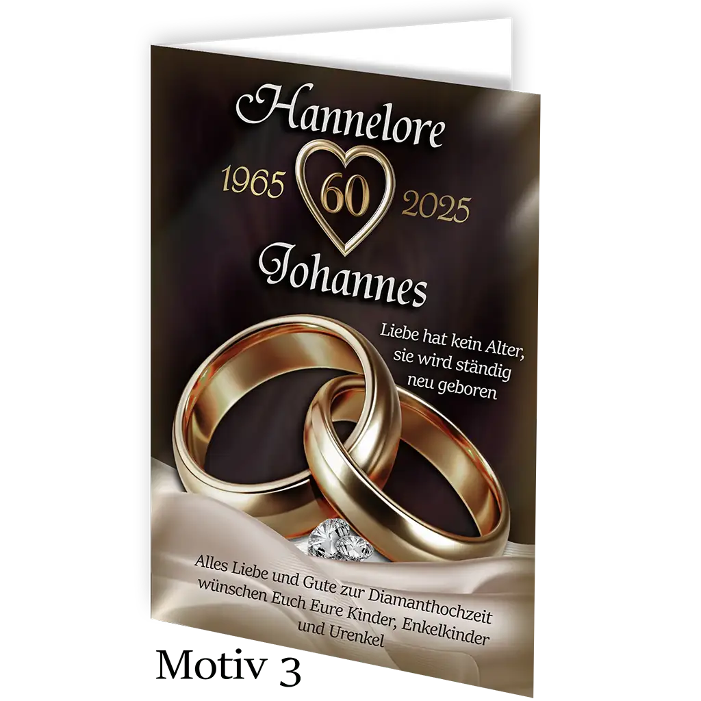 Diamanthochzeit Karte mit goldenen Ringen, Diamant, Herz und Text auf dunklem Hintergrund