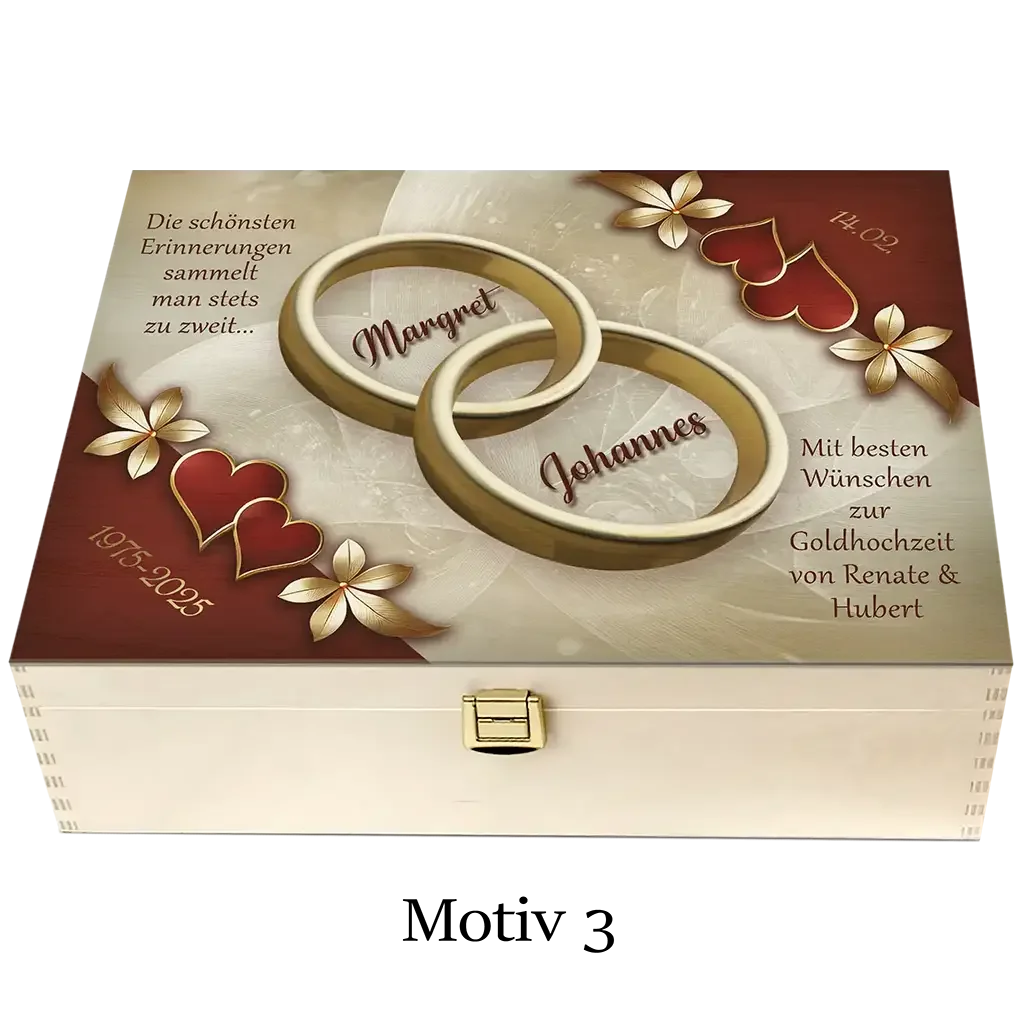 Personalisierte Holzbox zur Goldhochzeit mit goldenen Ringen, Herzen und Blumenmotiv