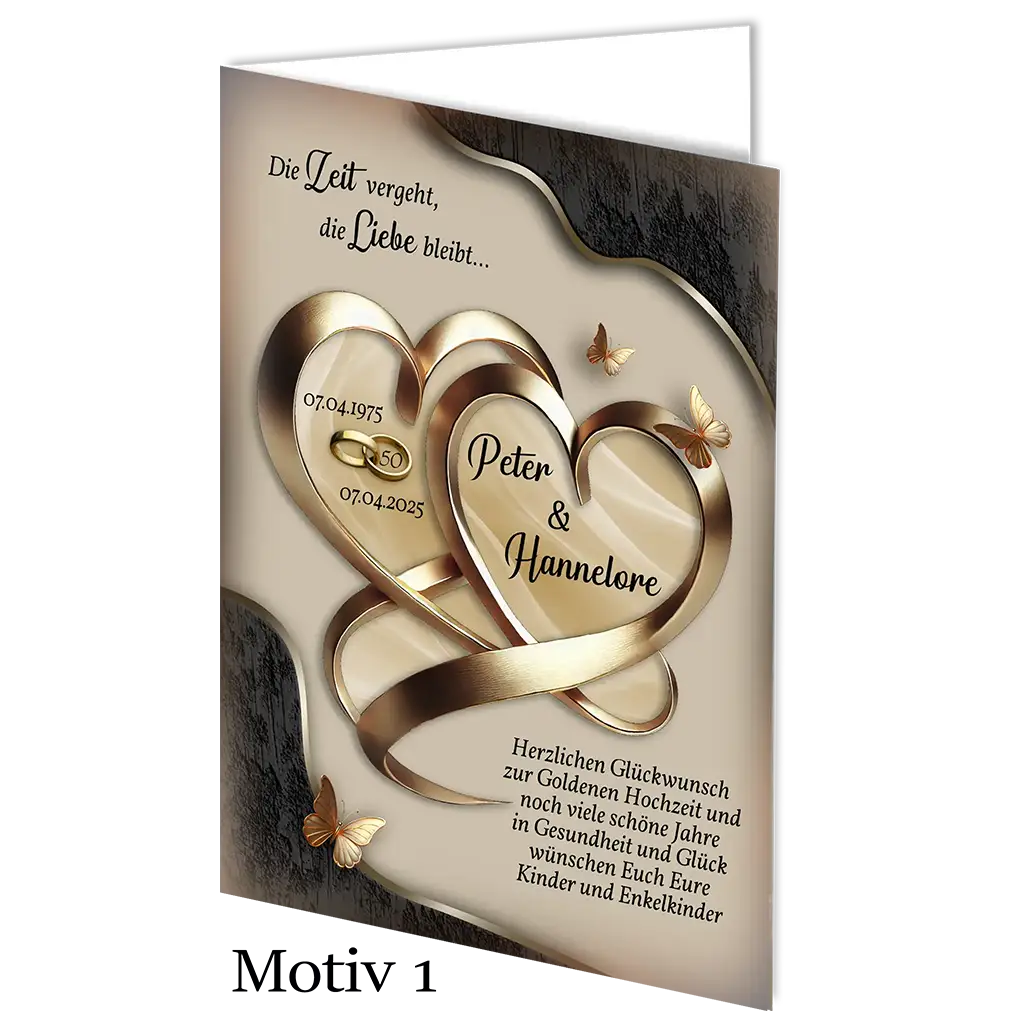 Goldene Hochzeit Karte mit Herzmotiv, goldenen Ringen und Schmetterlingen, Aufschrift für Jubiläum