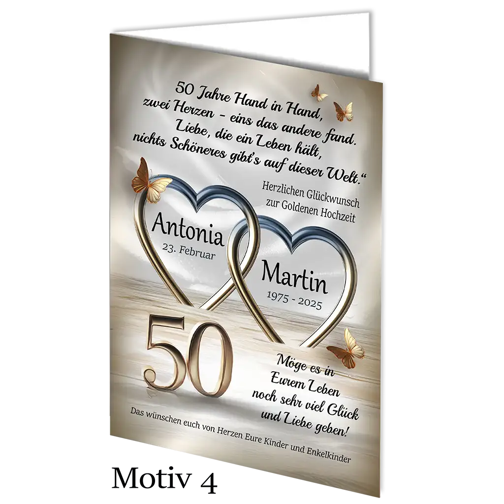 Goldene Hochzeit Karte mit zwei metallischen Herzen, goldenen Schmetterlingen und Zahl 50