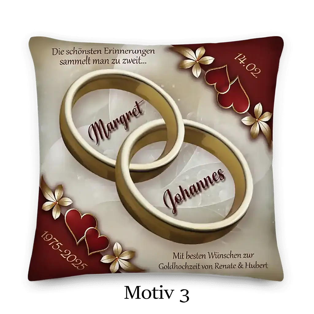 Goldhochzeit Kissen mit zwei goldenen Ringen, Herzen und Blüten, personalisiert mit Namen und Datum.