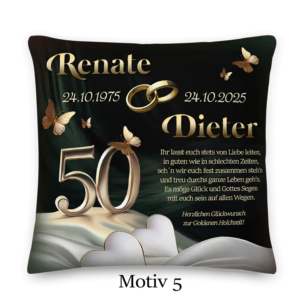 Goldene Hochzeit Kissen mit Jubiläumszahl 50, Ringen, Schmetterlingen und Namensaufdruck