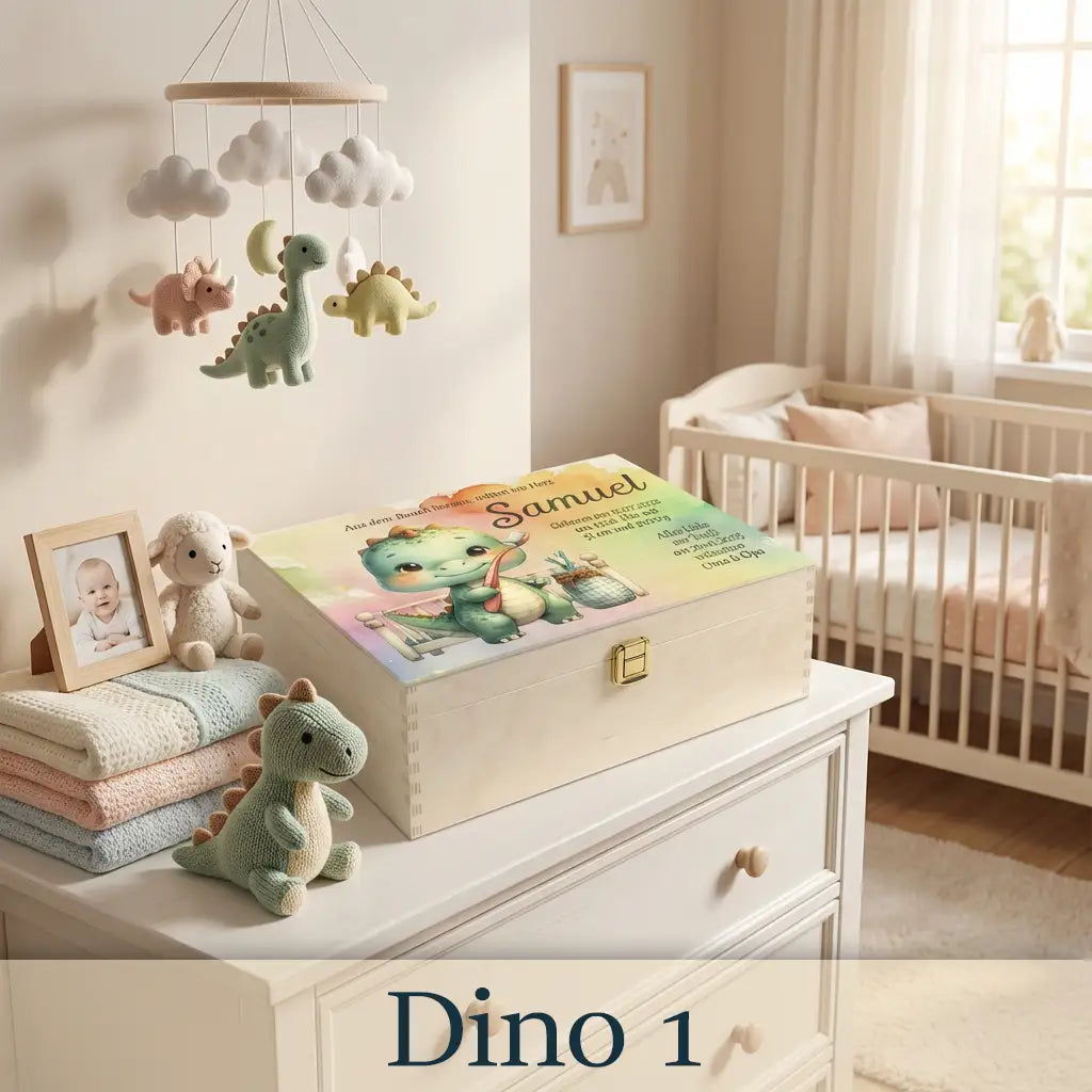 Holzbox Baby personalisiert mit süßem Drachen-Motiv, Name Samuel, Taufgeschenk Design