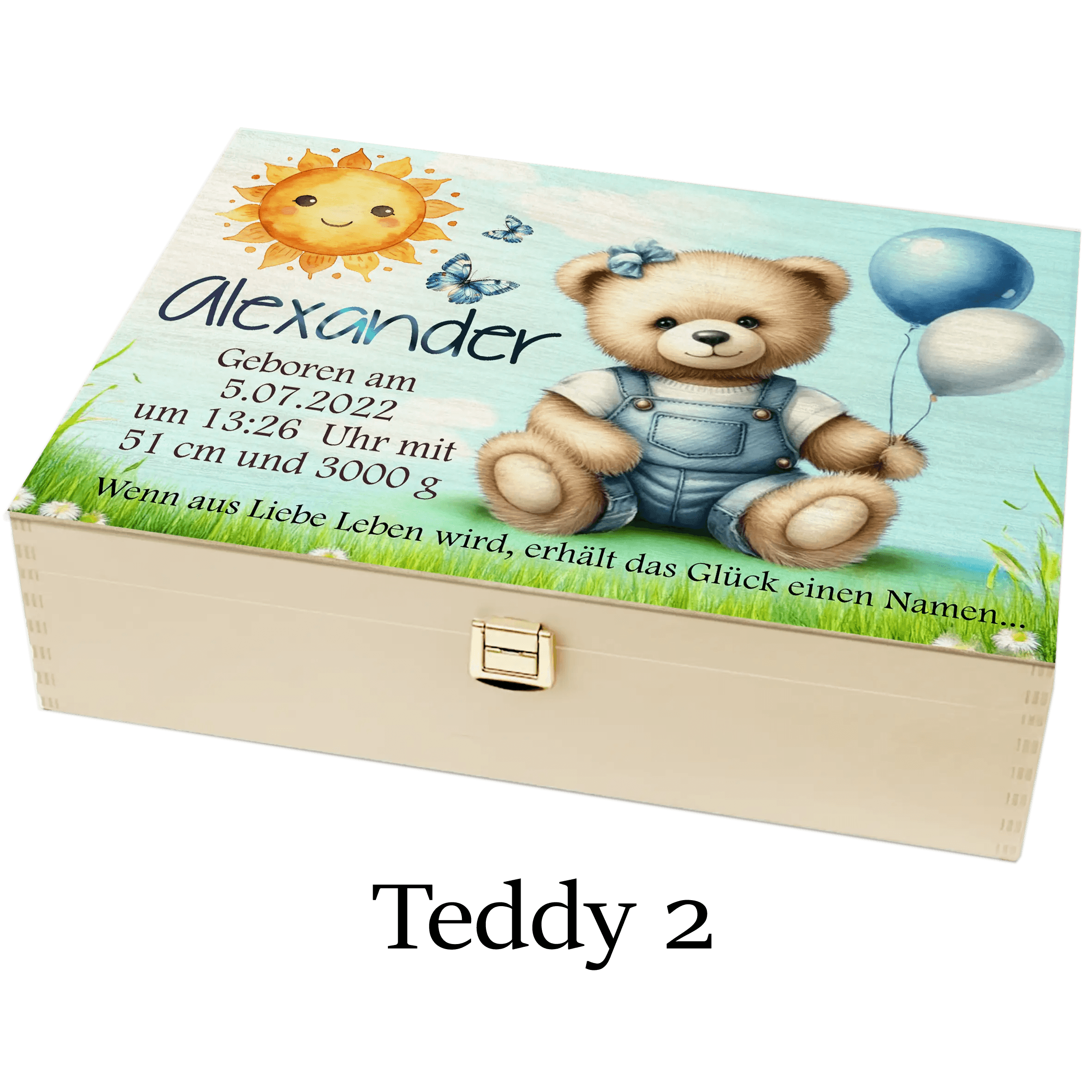 Vielseitige Holzbox für Kinder mit individueller Gestaltung, Namen, Datum und Teddymotiv