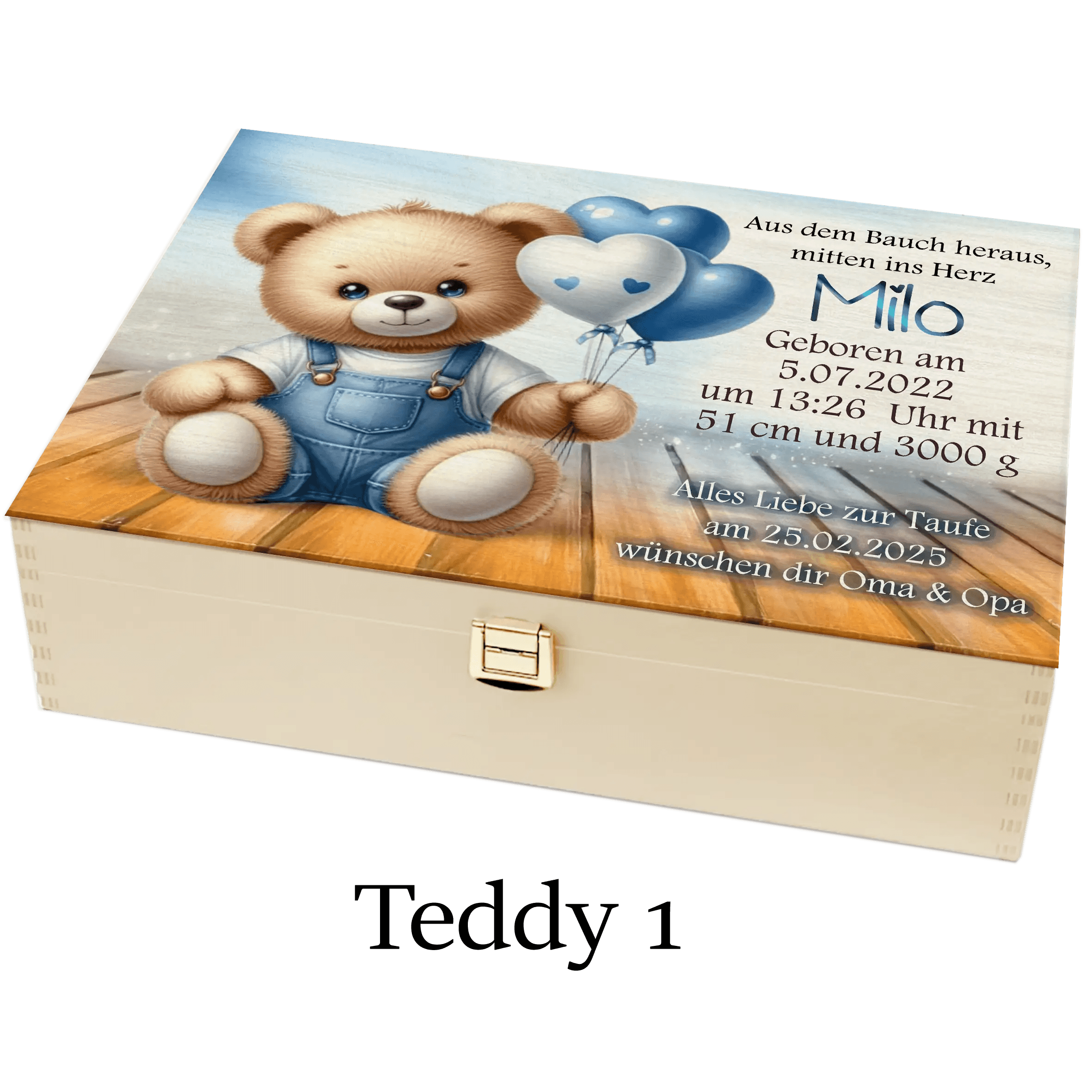 Aufbewahrungskiste aus Holz für Kinderzimmer-Deko mit Teddybär und Textpassagen wie Name, Datum, Spruch