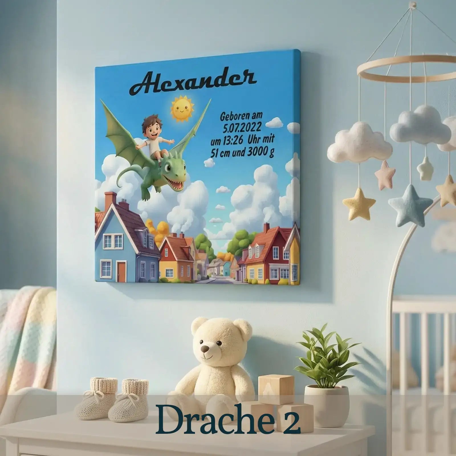 Personalisierte Leinwand mit Junge auf Drachen, sonnigem Himmel und Geburtstagsdaten