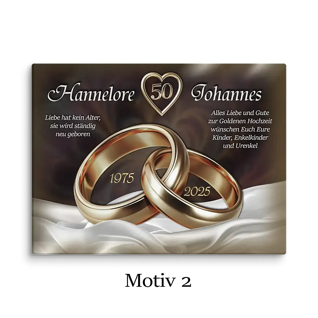Leinwand zur Goldhochzeit mit goldenen Ringen, Herzsymbol und Widmung, Jahreszahlen 1975-2025