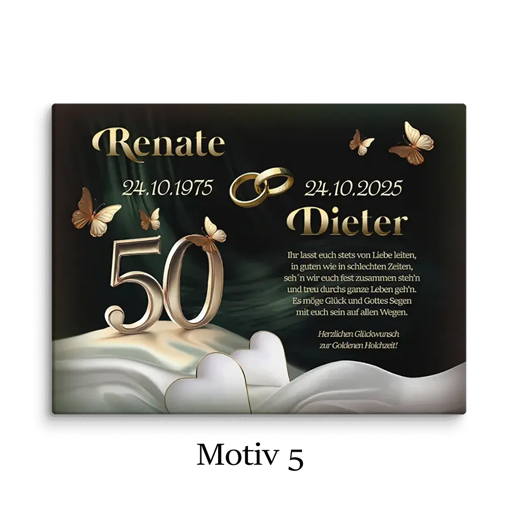 Leinwand zur Goldhochzeit mit goldenen Ringen, Schmetterlingen und Zahl 50 auf dunklem Hintergrund