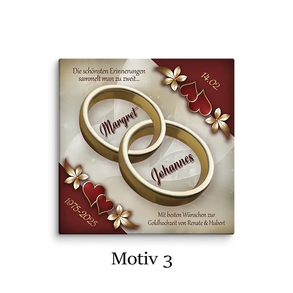 Motiv-Leinwand Goldhochzeit mit goldenen Ringen, roten Herzen und Blumendekor, 40x40cm