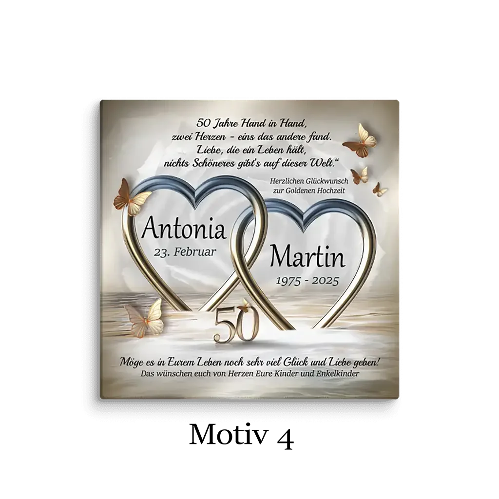 Leinwand Goldhochzeit mit goldenen Herzen, Schmetterlingen und Glückwunschtext, 50 Jahre