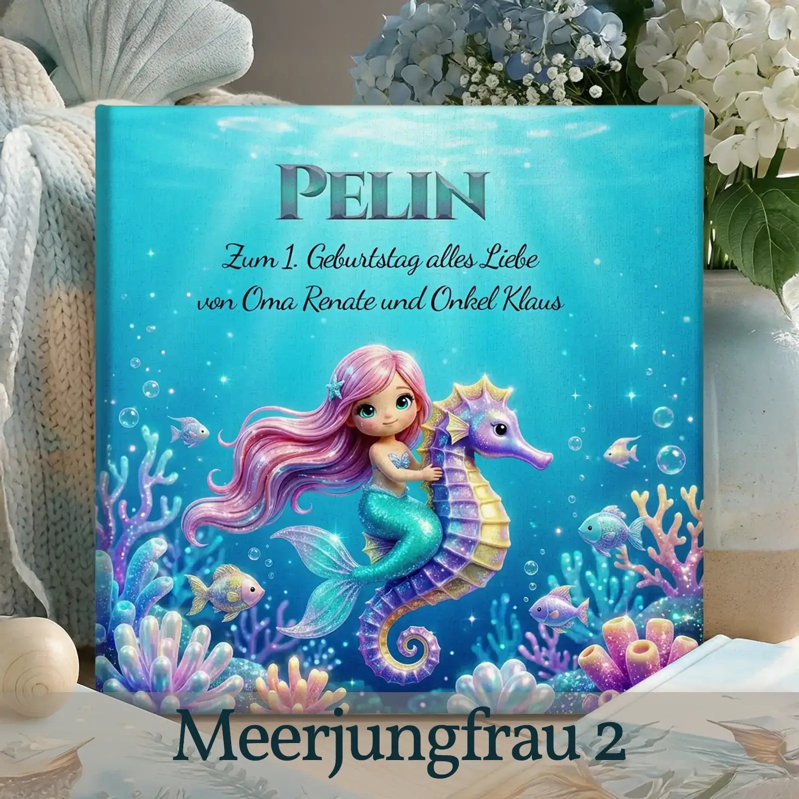 Motiv Leinwand Meerjungfrau, niedliche Baby-Meerjungfrau auf Seepferdchen, bunte Unterwasserwelt