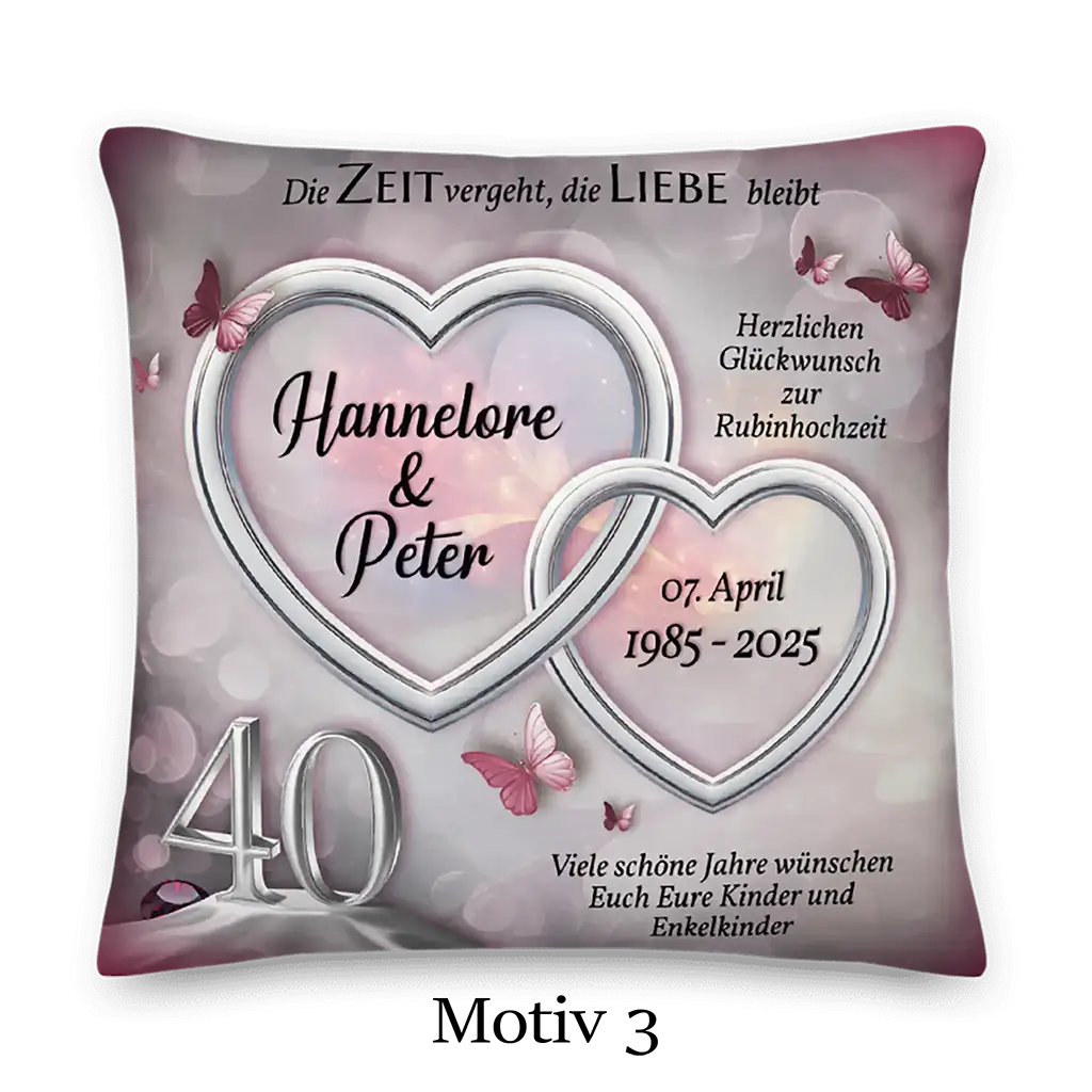 Rubinhochzeit Kissen mit Herzen, Schmetterlingen und personalisiertem Jubiläum 40 Jahre
